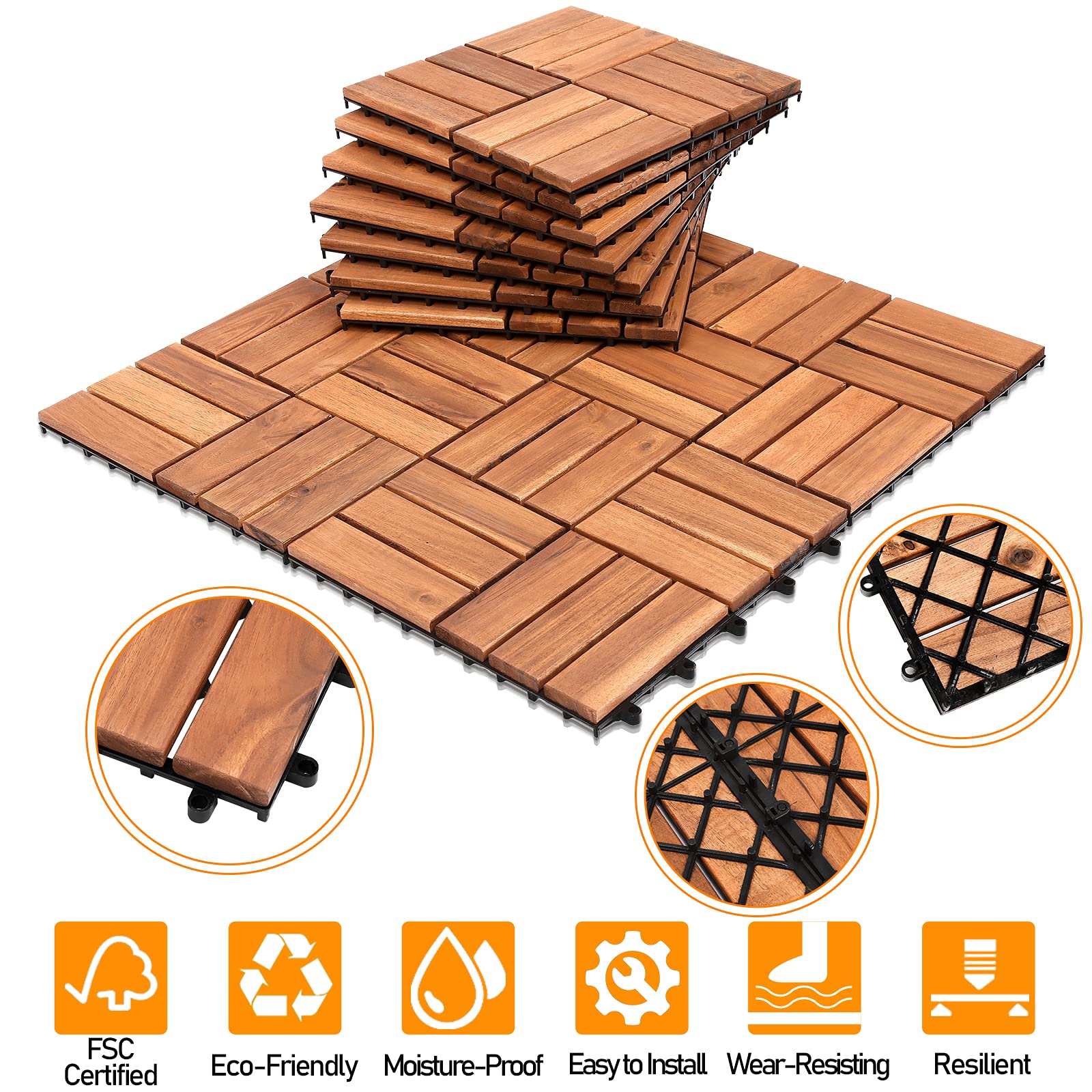 Ikodm Holzfliesen Akazienholz Terrassenfliesen, 33 Stück, 3 m² Balkonfliesen set, 30 x 30 cm Gartenfliesen für Garten Terrasse Balkon Patio, Leicht verlegbar, wetterfest, Braun