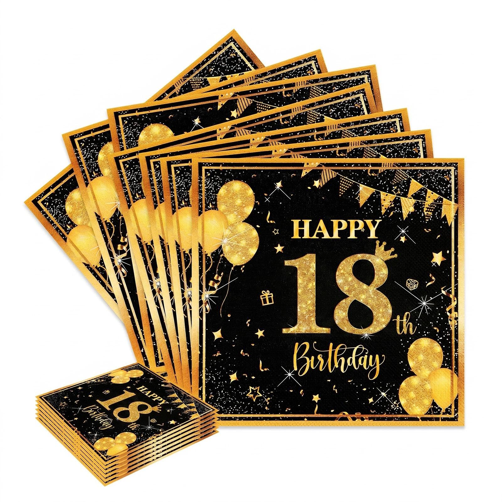 40PCS 18th Birthday Party Napkins, Disposable Black Gold Paper Napkin for Men Women, 33x33cm Decorative Serviettes for 18th Birthday Celebration Decorations