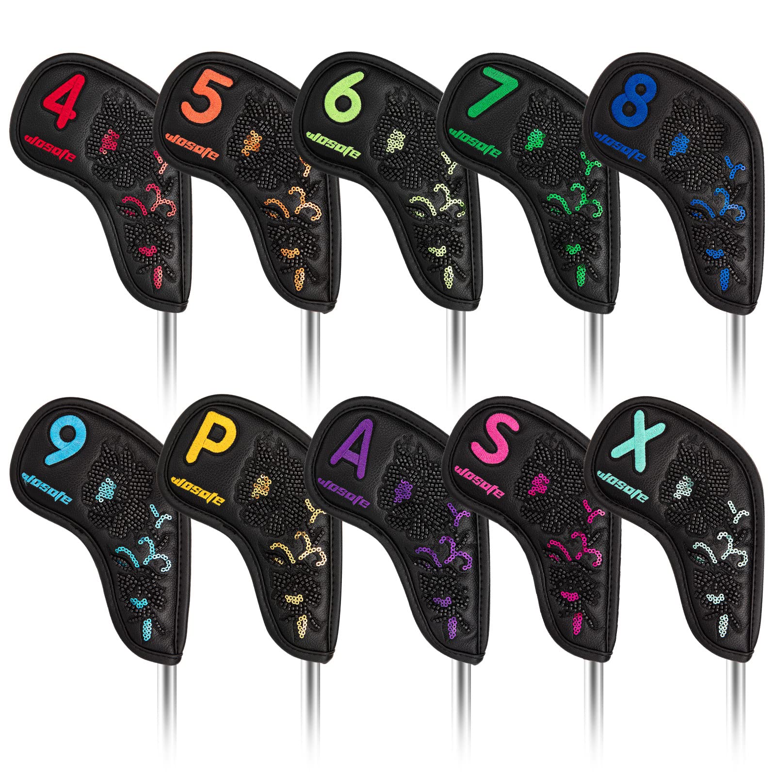 10 Teile/Satz Golf Eisen Headcovers PU Pailletten Stickerei Weiches Plüschfutter Schutzhülle Kopfbedeckung Magic Tape Verschluss Sportzubehör,Black