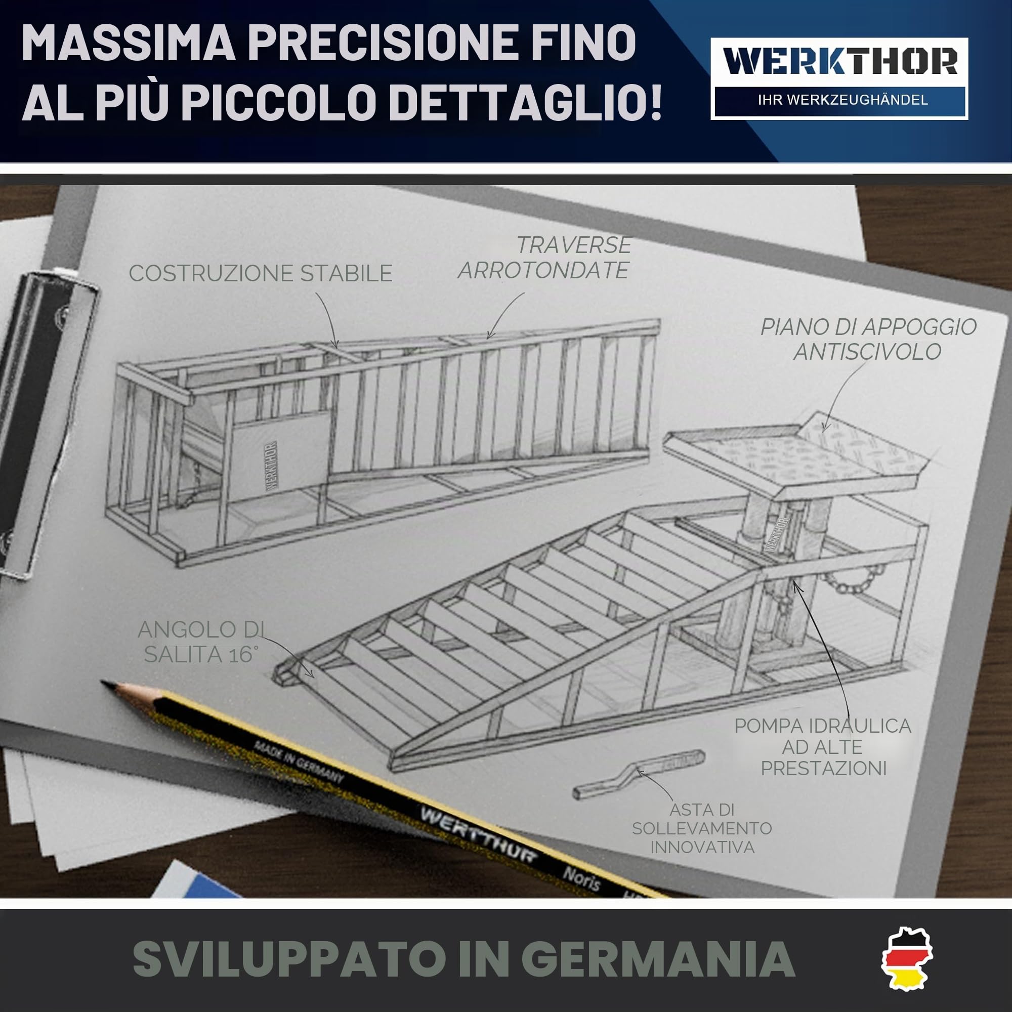WERKTHOR Rampa idraulica per auto (Set da 2 Rosso) – rampa di carico con valvola di sicurezza/sovrapressione [<4T] – rampa regolabile in altezza auto – ponte sollevatore auto