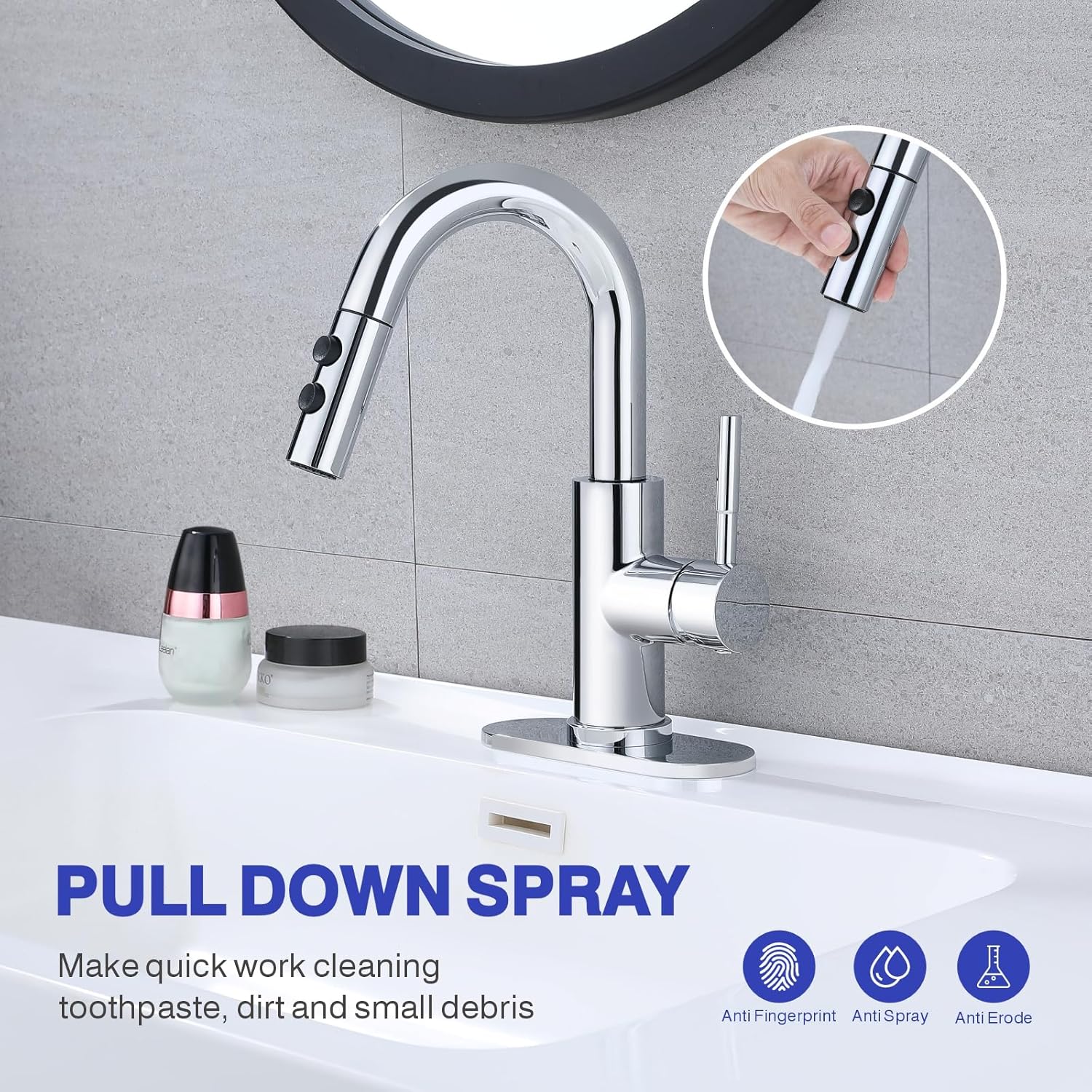Kablle Bathroom Sink Faucet with Pull Down Sprayer, Chrome Single Handle Pull Out Faucet with Pop-Up Drain, 1 or 3 Hole Laundry Bar Basin Faucet with Deck Plate, KBL-7002C-CL