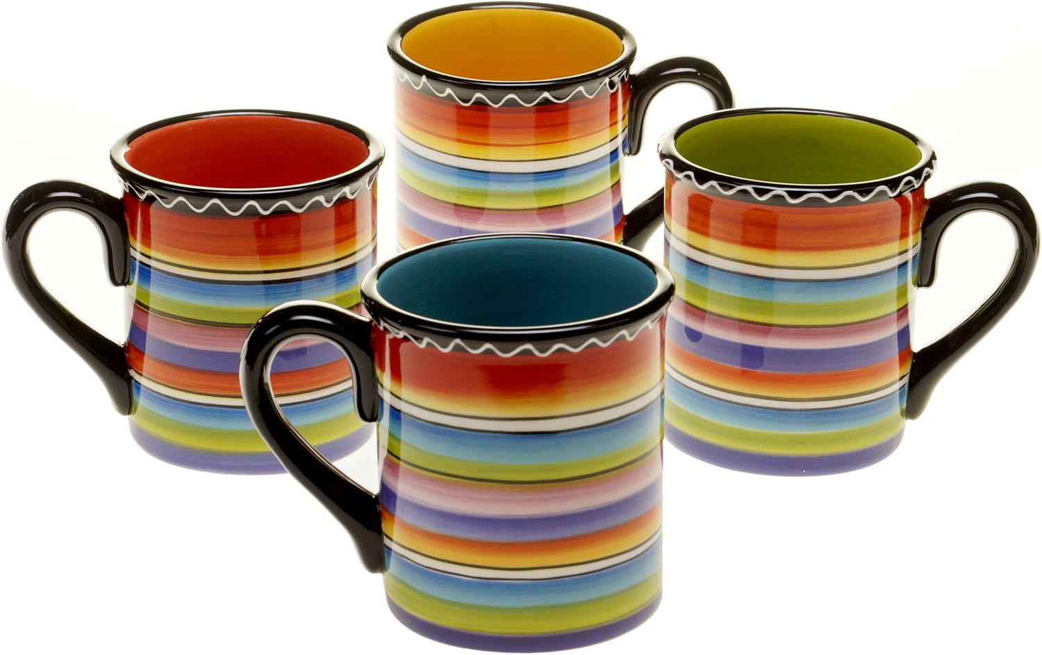Tequila Sunrise Mugs Set of 4, 15 oz Colorful Ceramic Coffee, Tea, Cocoa & Cider Cups with Black Handles, Assorted Fiesta Stripe Designs, Microwave & Dishwasher Safe Drinkware