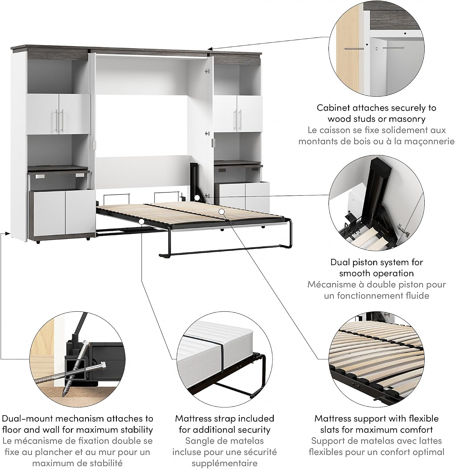 Bestar Orion Full Murphy Bed with Storage Cabinets and Pull-Out Shelf (120W) in White and Walnut Grey, Sleeping Arrangement with Shelves