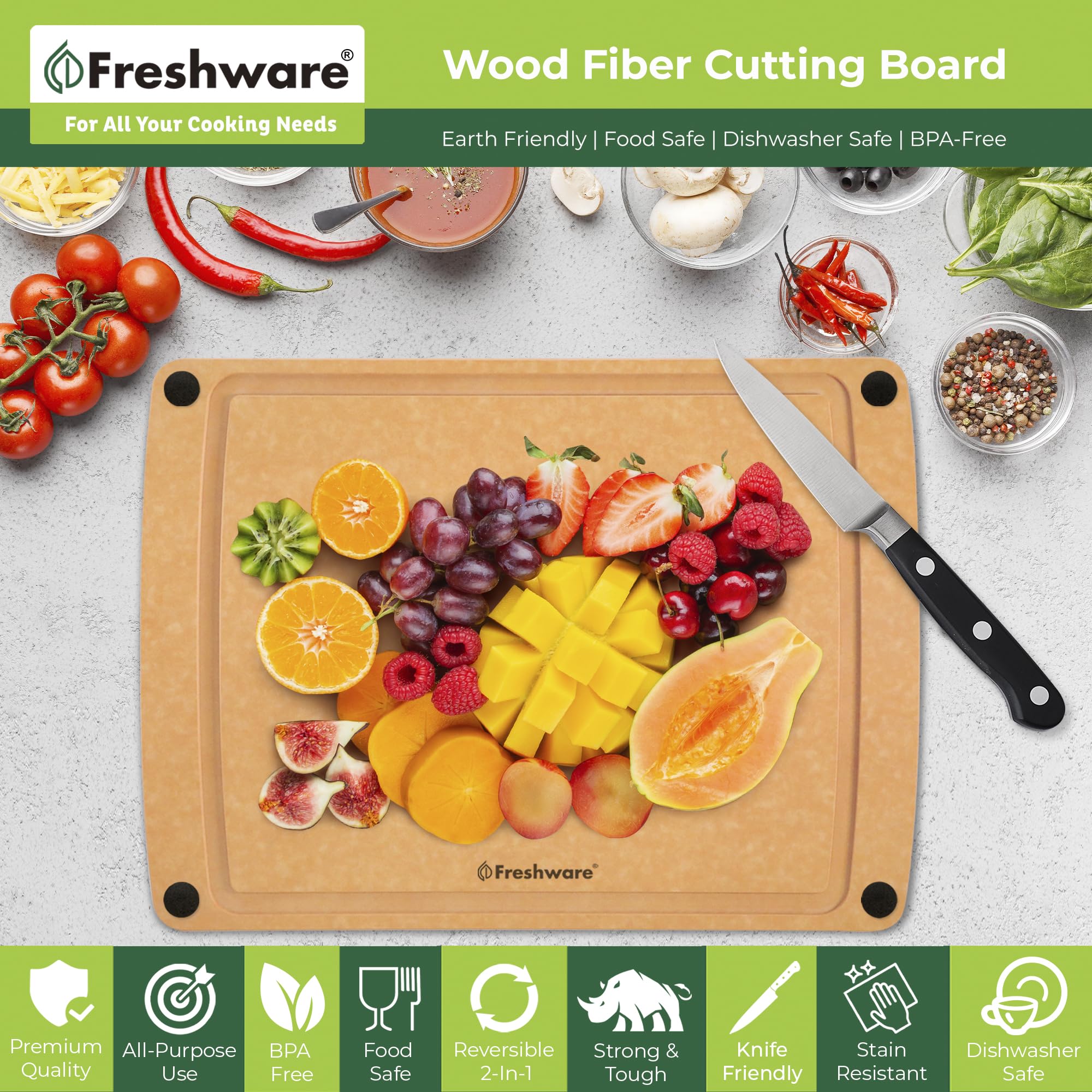 Freshware Tabla de cortar de madera para cocina, ranura para jugo, patas de silicona antideslizantes, apta para lavavajillas, 2X grande, 20 x 14 pulgadas, natural