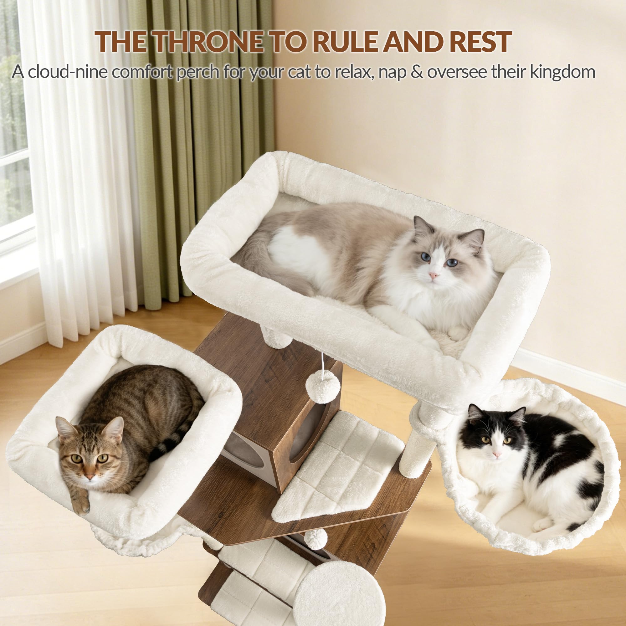 Arbre à Chat XXL, 208 cm Tour de Jeu, Marron et Blanc | Grande Niche et Hamac, 2 Plateformes, 5 Poteaux à griffer, Panier, Pom-poms, pour l'intérieur Moderne FPMS016PWR1