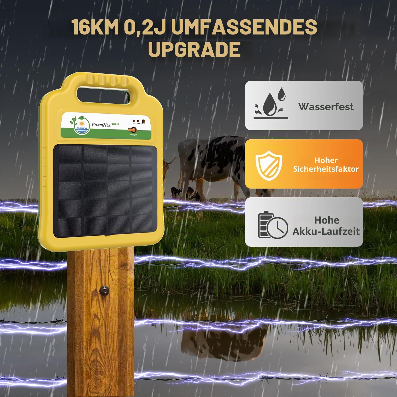 220V Solar Weidezaungerät,IP55 Wasserdicht,Eingebaute 10400mah Lithiumbatterie,16KM Niedrige Impedanz Spitzenspannung 8000V für Geflügel,Vieh,Steuergerät zum Schutz von Gärten und Grundstücken
