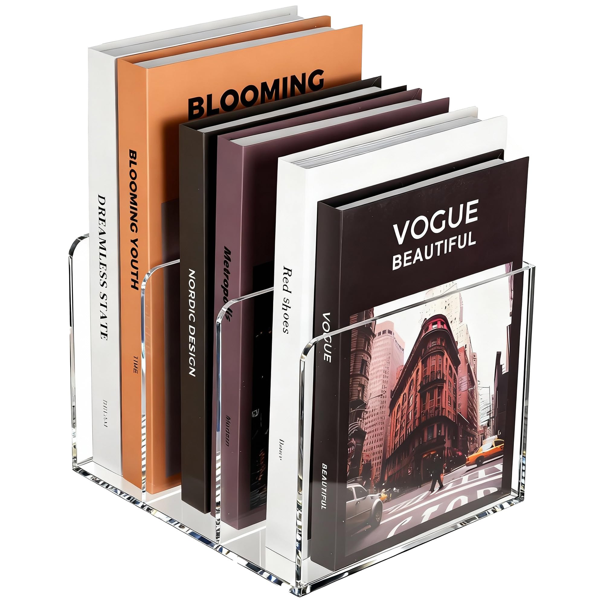 SEANADO Clear Acrylic Magazine File Holder with 3 Vertical Compartments Desk Organizer Book Rack for Home Office Desk Sorter Paper Folder Stand