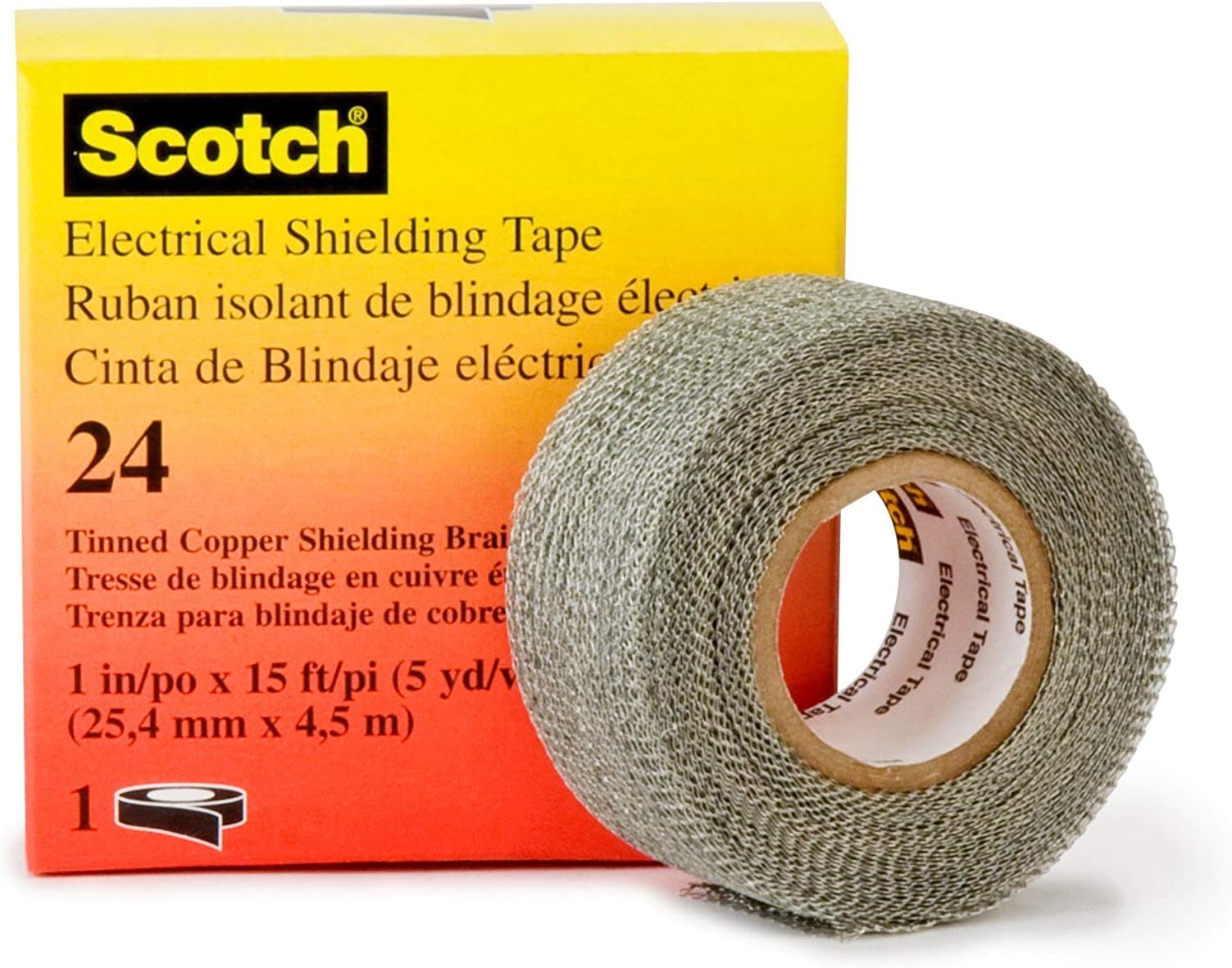 3M Scotch Electrical Shielding Tape 24, 1 in x 15 ft (25 mm x 4.6 m), Tinned Copper, Open-weave, Shielding Braid Tape, 1 roll
