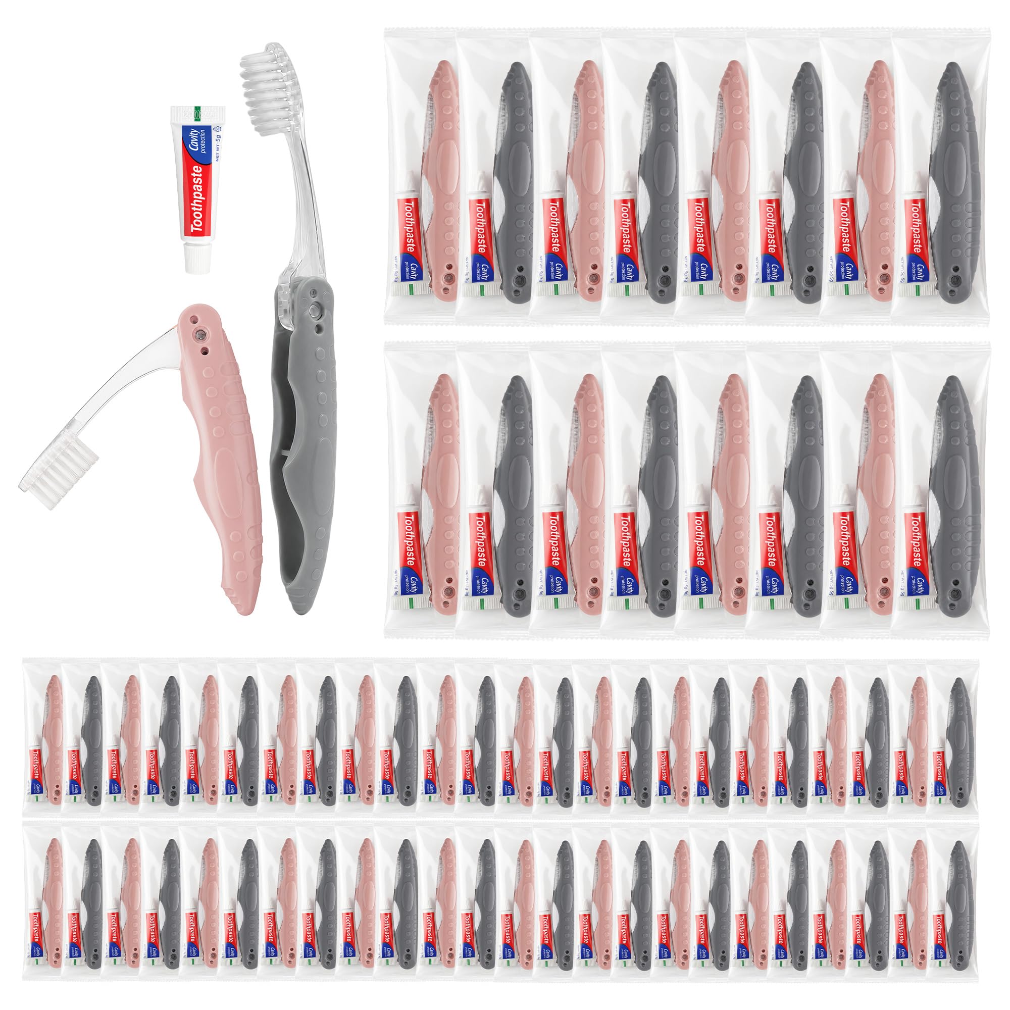 Spazzolino da viaggio e dentifricio, confezionati singolarmente, spazzolino pieghevole e dentifricio, pieghevole per una facile conservazione, disponibile in grigio e rosa, ideale per viaggi