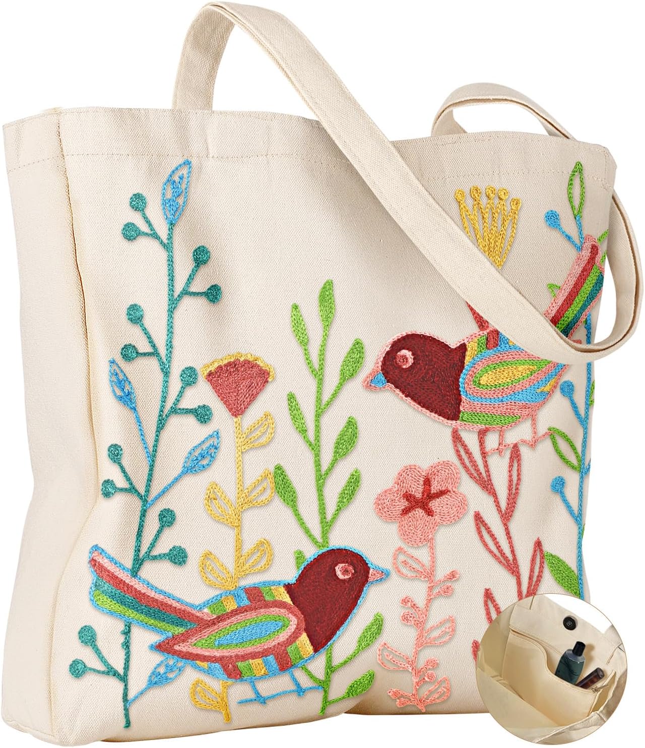 Miss Adola Embroidery Tote Bag with Pocket & Buckle - Reusable Canvas Tote for Women Cute Aesthetic Work Shopping Grocery Bag