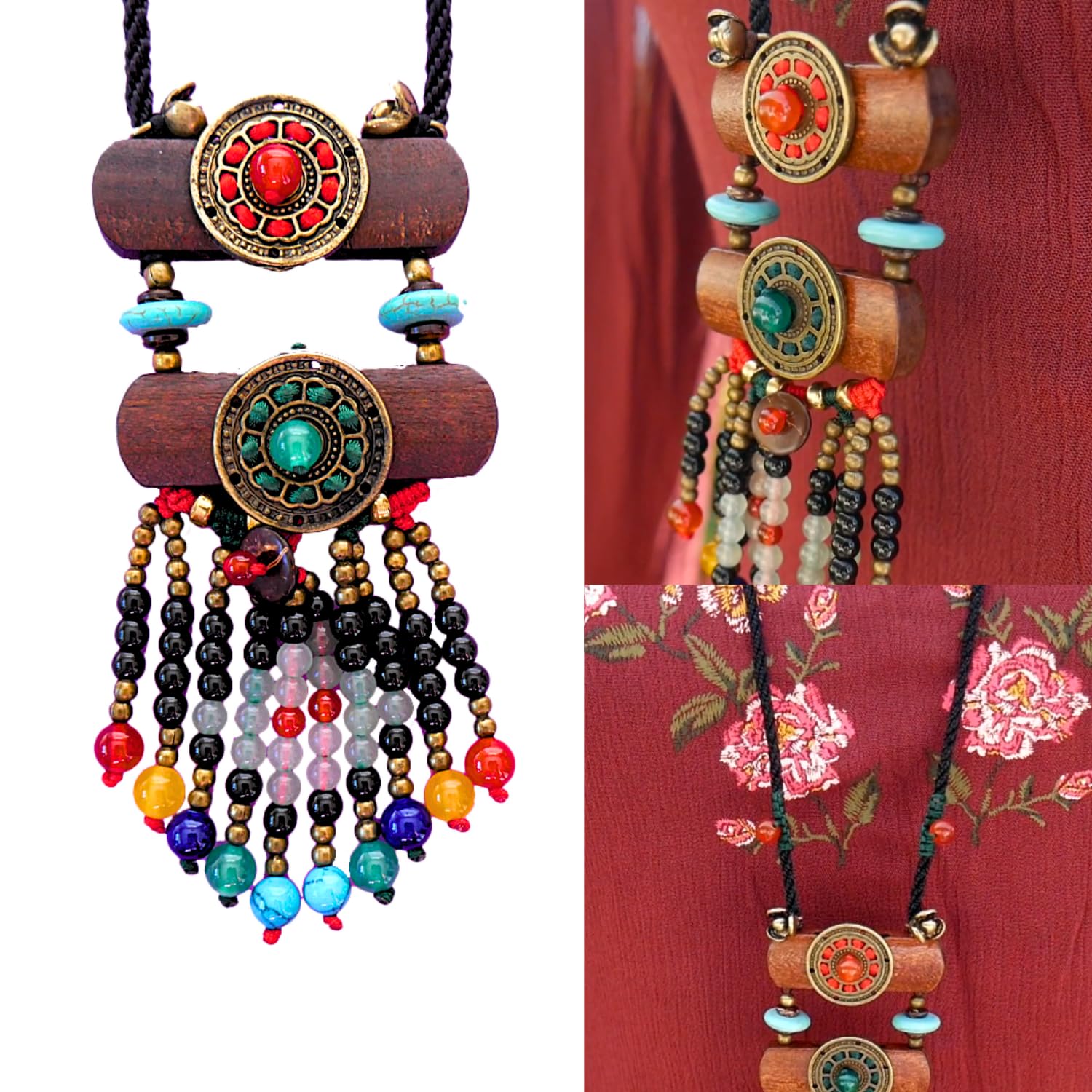 Collar con cuentas bohemias para mujer con colgante largo de madera para mujer, collar de madera de DREMINOVA, Madera, Cuentas,