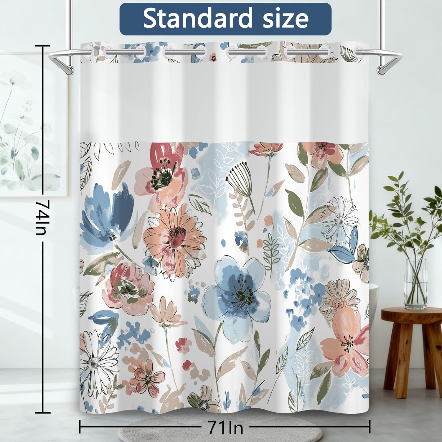 No Hook Shower Curtain with Snap in Liner, Watercolor Blue Pink Floral with Mesh Top Window, Waterproof Double Layer Modern Bathroom Decor, 71x74 Inch