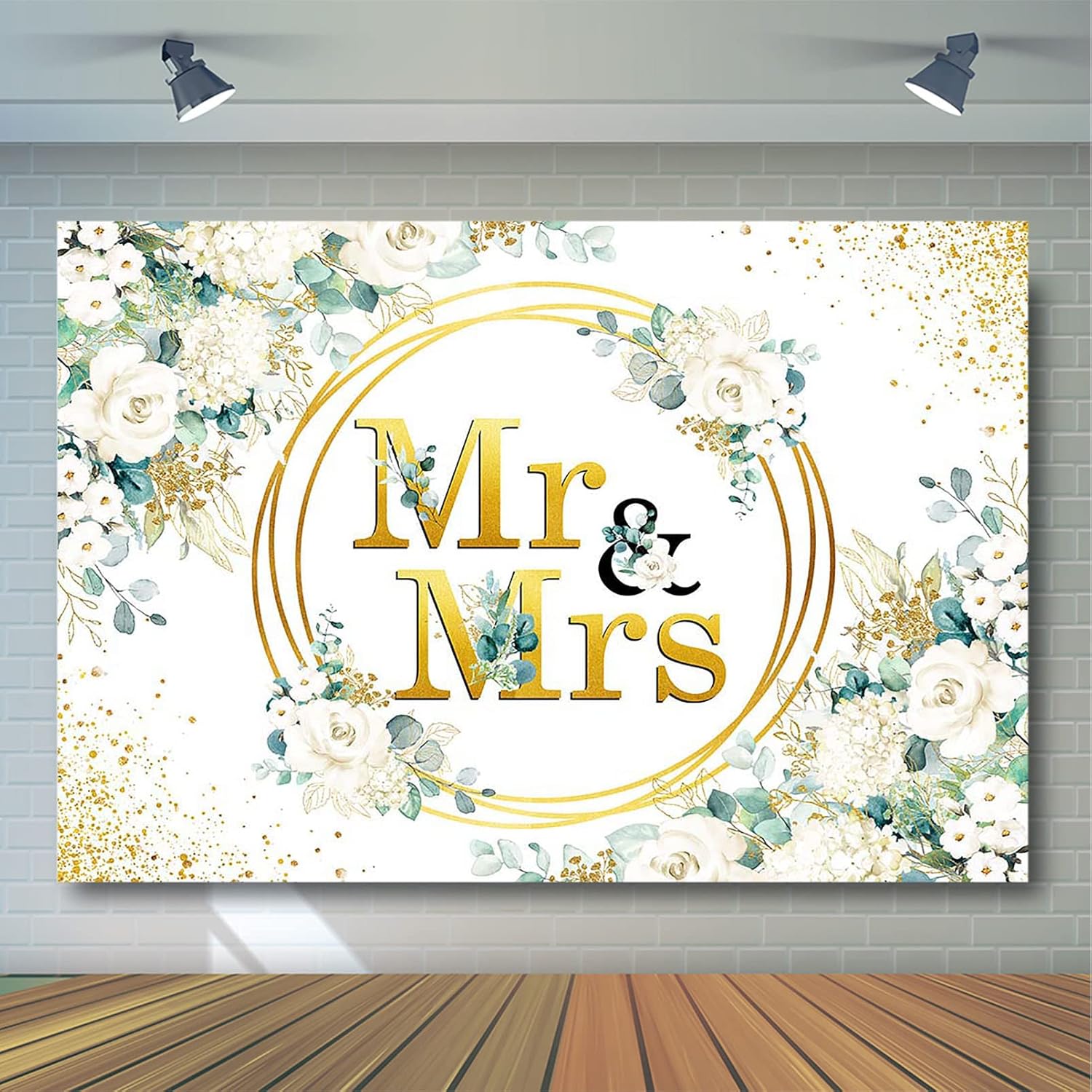 Avezano Mr & Mrs Engagement Wedding Party Backdrop Glitter Gold Watercolor Flowers Mr and Mrs Wedding Party Decoration Background Anniversary Bridal Shower Party Backdrops for Photoshoot (7x5ft)