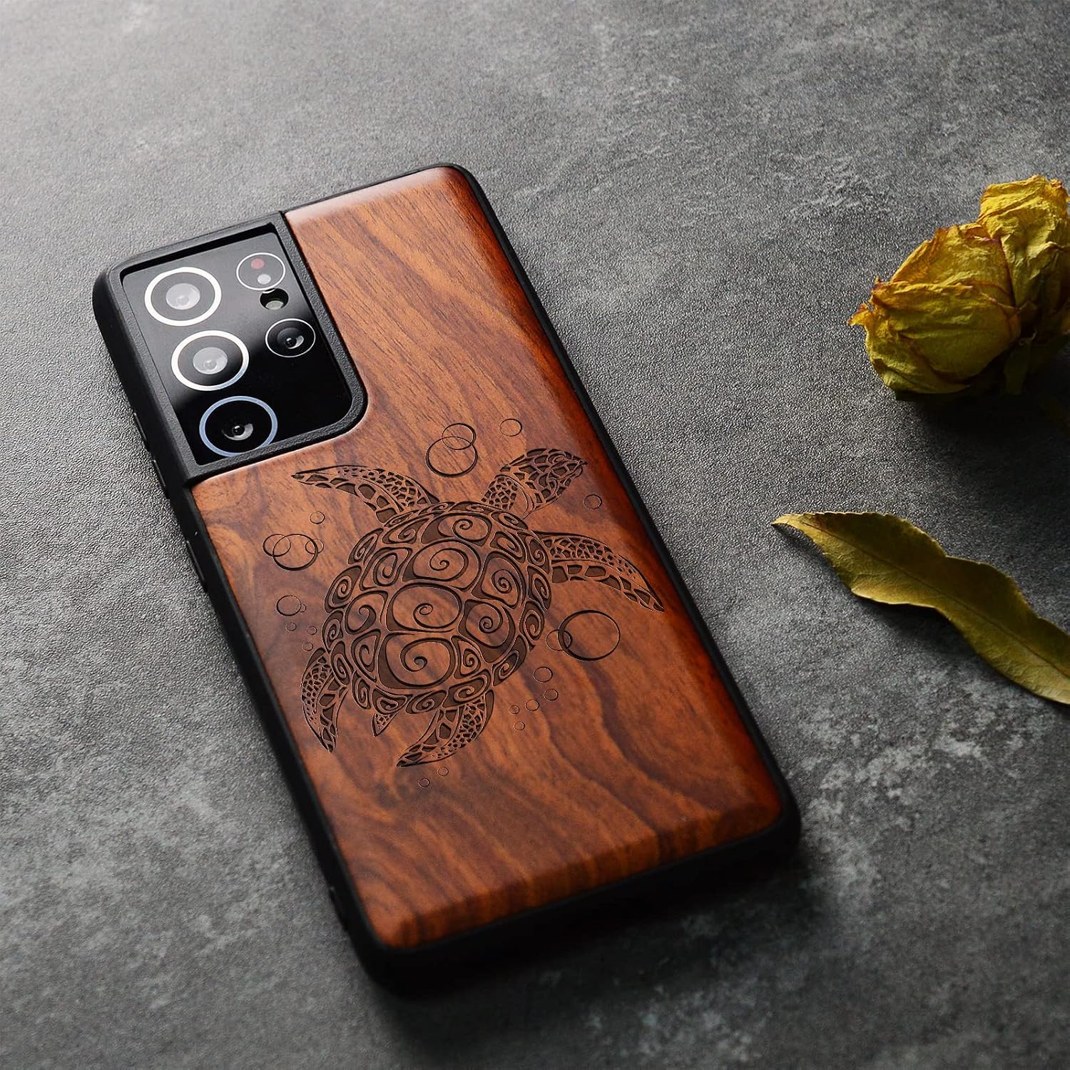 Carveit Wood Case for Galaxy S21 Ultra Case [Natural Wood & Black Soft TPU] Shockproof Hybrid Protective Unique Wooden Cover Compatible with Samsung S21 Ultra 5G (Sea Turtle-Rosy)