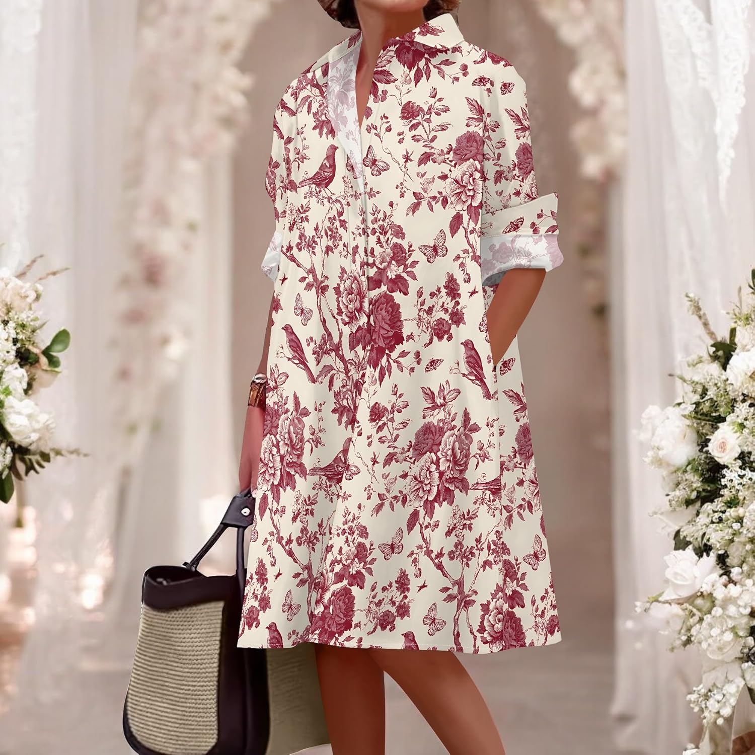 Shirt Dresses for Women 2025 Summer Long Sleeve Casual Plus Size Floral Printed Beach Vacation Dress with Pockets - Image 3