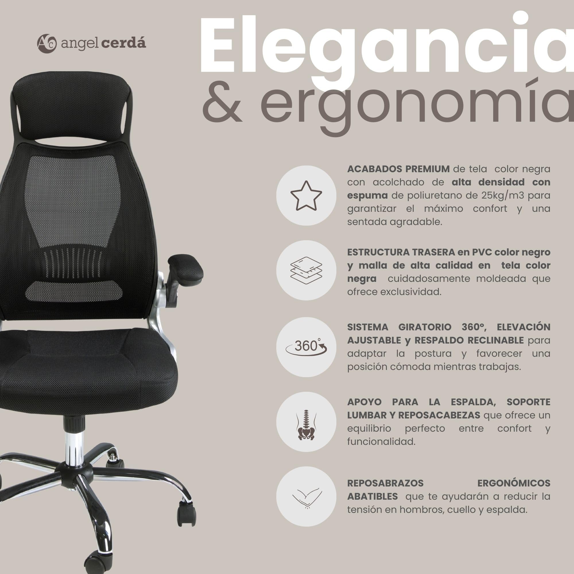 Angel Cerdá – Silla Escritorio Premium Giratoria, Tapizada en Tela Negra | Silla Escritorio Ergonomica Respaldo Ancho y Reposabrazos | Patas Acero Cromado | 66 x 62 x 117 cm