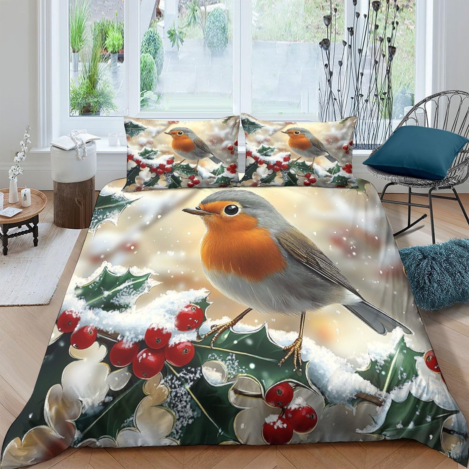 Ctjqhvkz Style-2 3D Printed Robin Bird Fitted Sheet Microfiber Soft Red Berries Bed Cover For Bedroom Guest Room Decor Single（135X200cm）