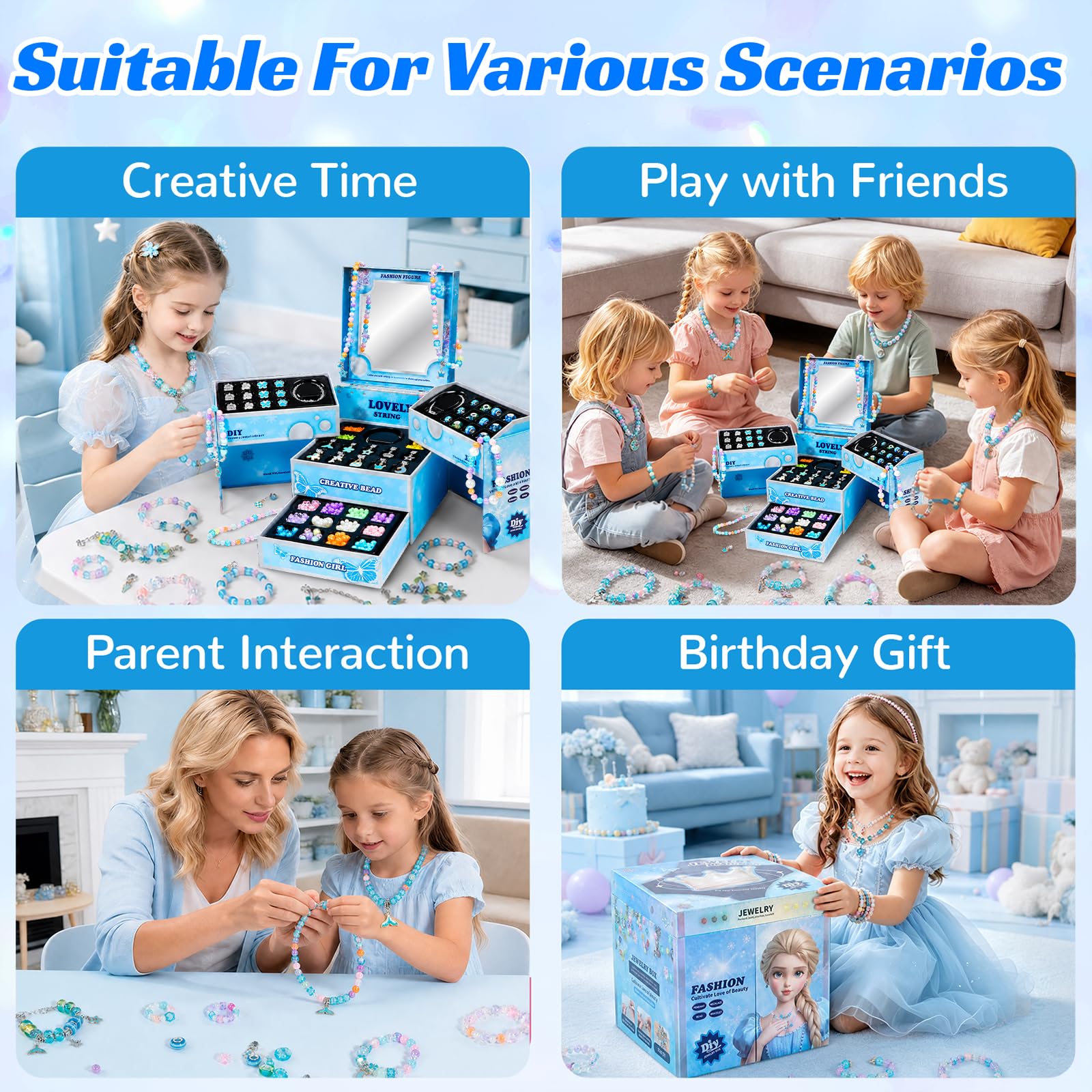 JeeMoien kit creazione braccialetti ciondoli per bambine 5,6,7,8-12, kit braccialetti amicizia con scatola portagioie, regalo compleanno blu per bimbe 6-11 anni