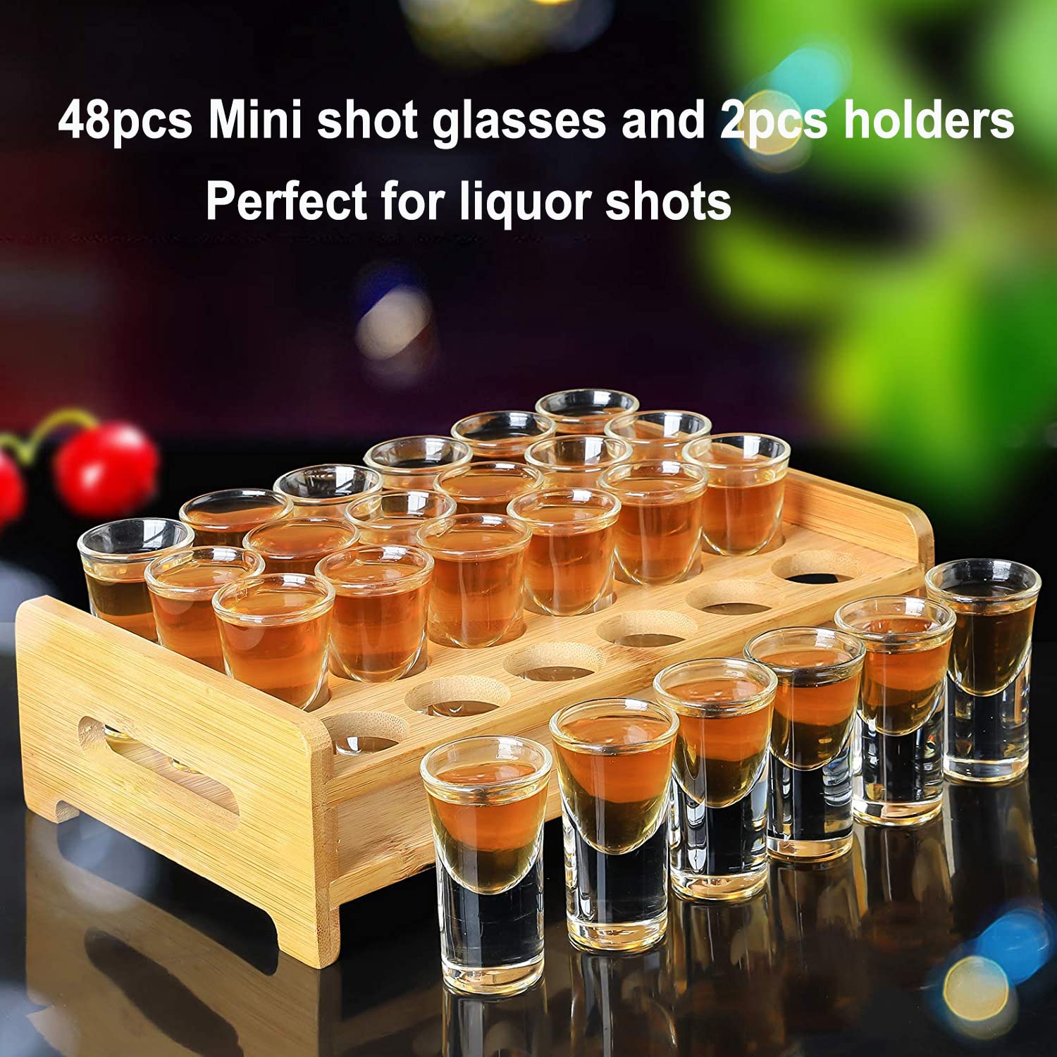 Lot de 48 mini verres à shot en vrac de 15 ml avec 2 plateaux, organiseurs, base épaisse, verres en verre transparent pour fête, club, bar, spiritueux