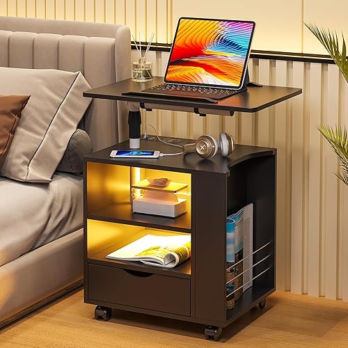 Miniatura 9 de HNEBC Mesita de noche LED con estación de carga inalámbrica, mesita de noche con mesa giratoria ajustable, mesitas de noche con un cajón y 2