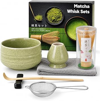 7-Piece Matcha Set, Japanese Ceremonial Kit with Bamboo Whisk, Ridged Matcha Green Bowl, Whisk Holder Green, Long Scoop, Sifter, Spoon Rest & Tea Towel   Designed for Matcha Lovers