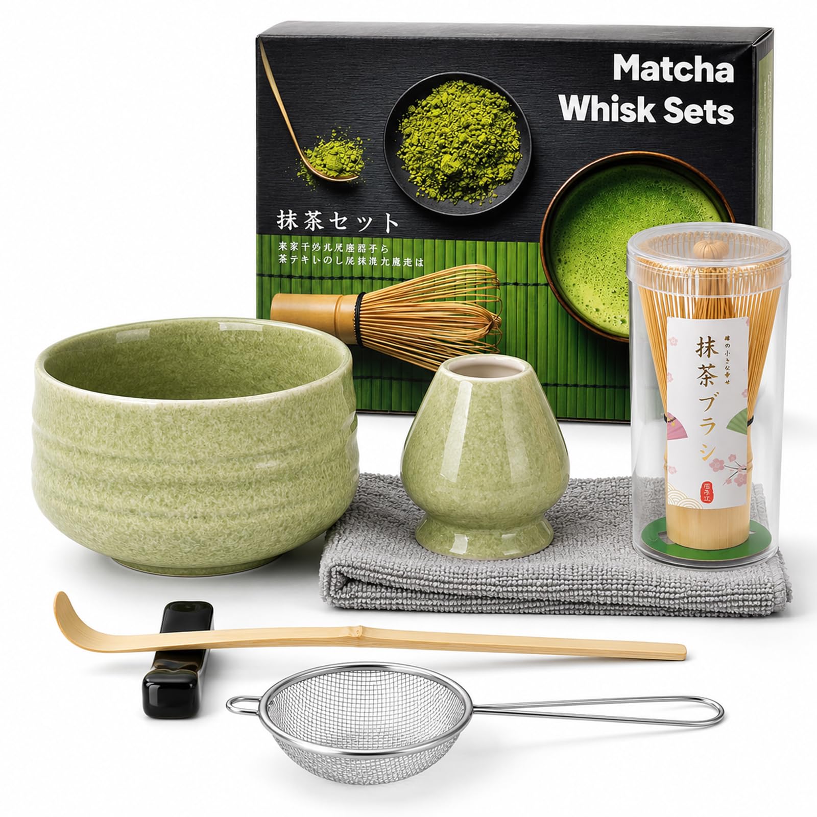 7-Piece Matcha Set, Japanese Ceremonial Kit with Bamboo Whisk, Ridged Matcha Green Bowl, Whisk Holder (Green), Long Scoop, Sifter, Spoon Rest & Tea Towel – Designed for Matcha Lovers — image 1