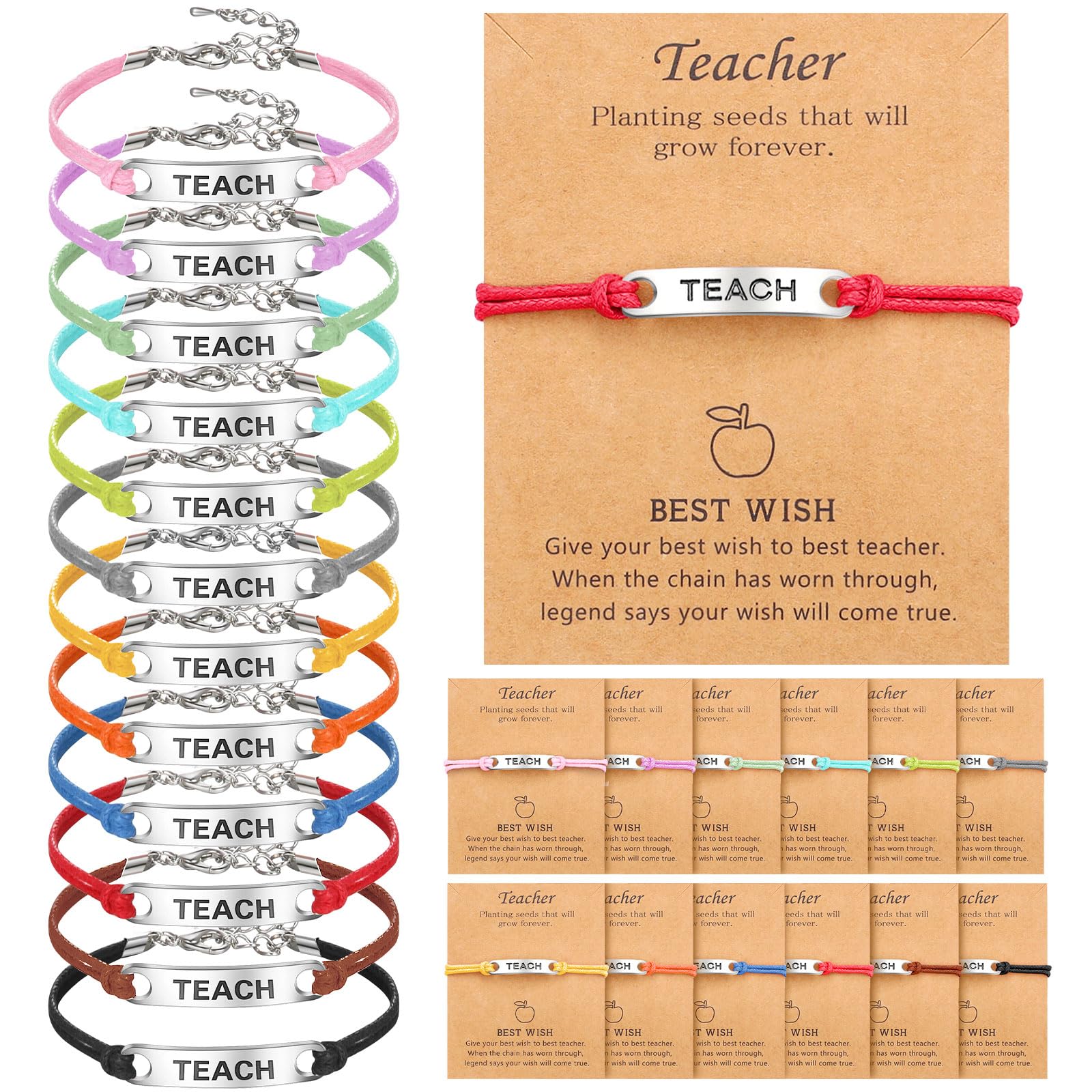 Nosiny 48 Pcs Bulk Blessing Card Bracelets Adjustable Greeting Bracelets Thank Daycare Teacher Gifts for Women Men Appreciation Blessing Bangles for Graduation Birthday Teacher's Day, Nylon, mainly