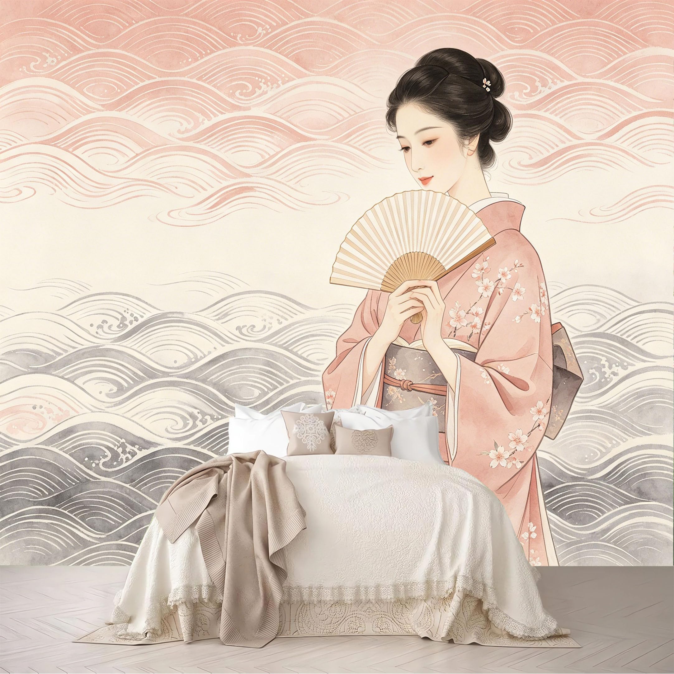 Dskjoviality Ab260706121 Custom Size Wall Murals Pink Kimono Lady Fan Cherry Blossom Wave Ukiyo-E Removable Self-Adhesive For Bedroom Living Room Dining Room