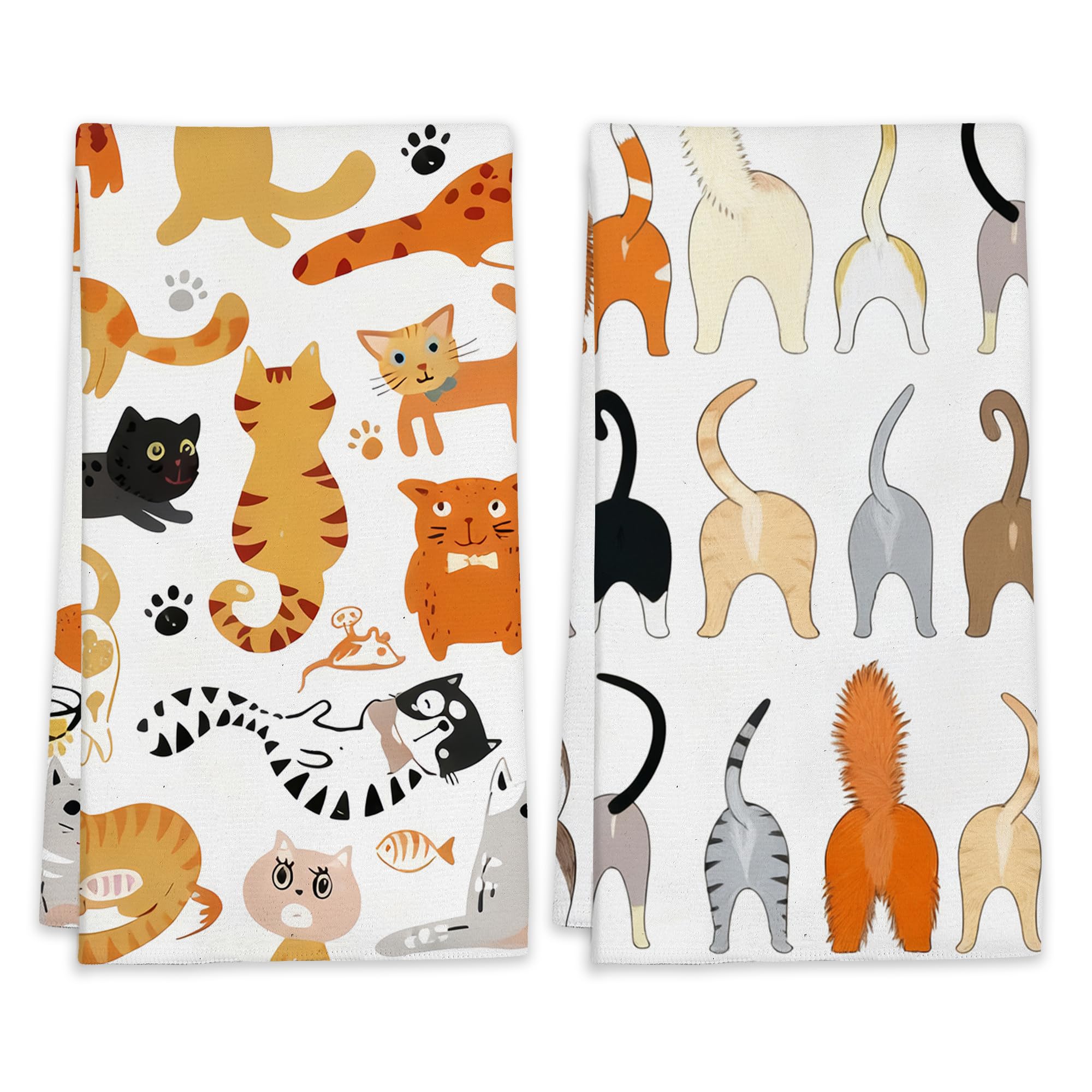 LUOENY Funny Cat Tea Towels for Drying Dishes, Absorbent Decorative Kitchen Towel, Cleaning Cloth for Kitchen Baking Bar Bathroom Decoration (45x60 cm Set of 2)