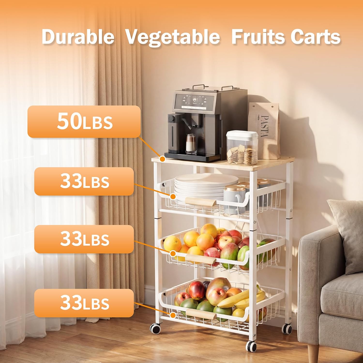 JAQ Slide Out Fruit Vegetable Basket for Kitchen, 4-Tier Rolling Storage Cart with Wooden Handle & Top, Metal Wire Produce Rack for Pantry Organization, Onion Potato Storage Bins for Small Space,White