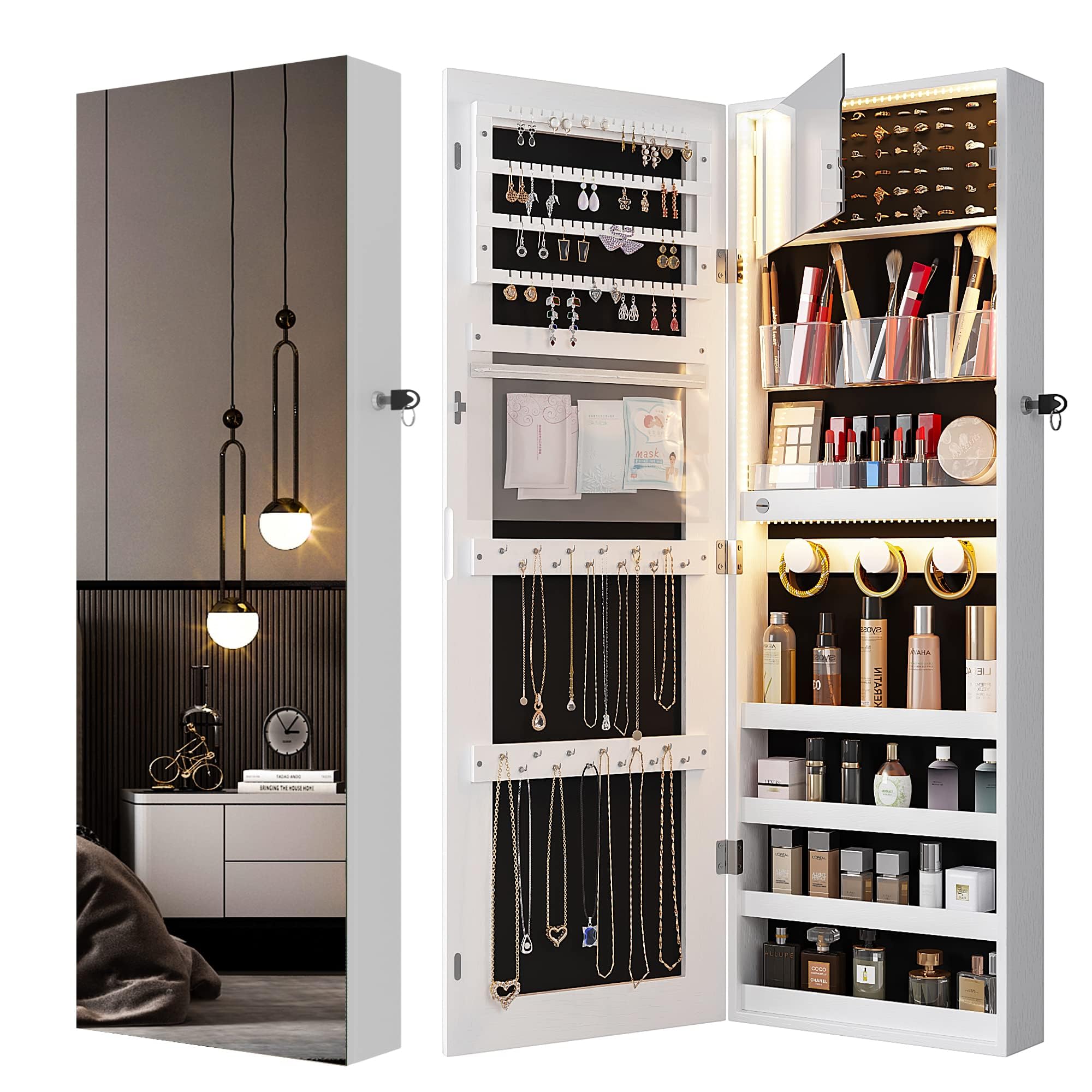 DystlerMirror Jewelry Cabinet with Storage: Jewelry Armoire with Full Length Mirror 360° Swivel & LED lights Standing Jewelry Holder Organizer with Rear Storage Shelves, Lockable (white-6254)