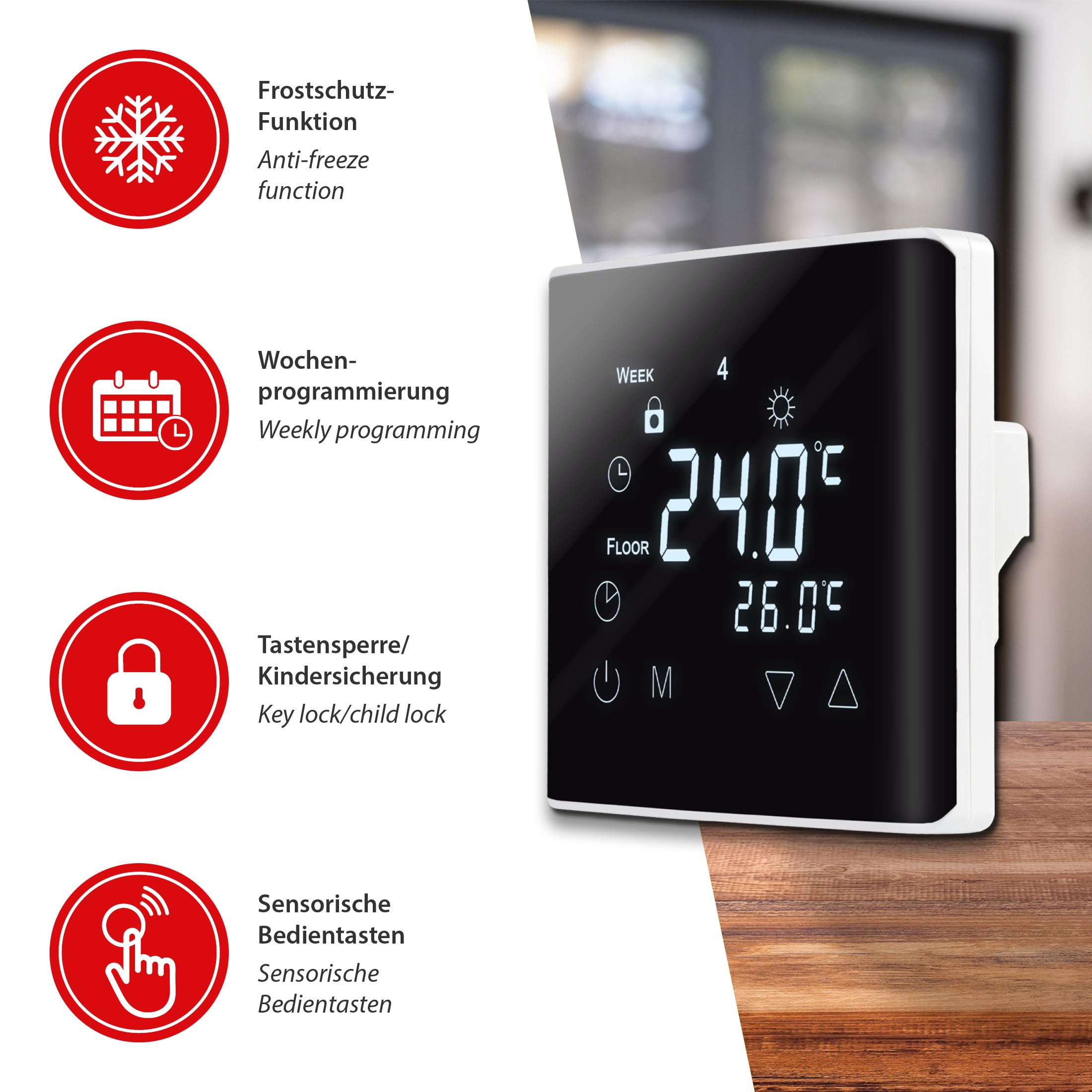 Mi-Heat Elektrische Fußbodenheizung 200W/m² 12,0m² Set - Bodenheizung elektrisch einfache Verlegung Renovierung Installation & Bau - mit Thermostat C17 digital schwarz