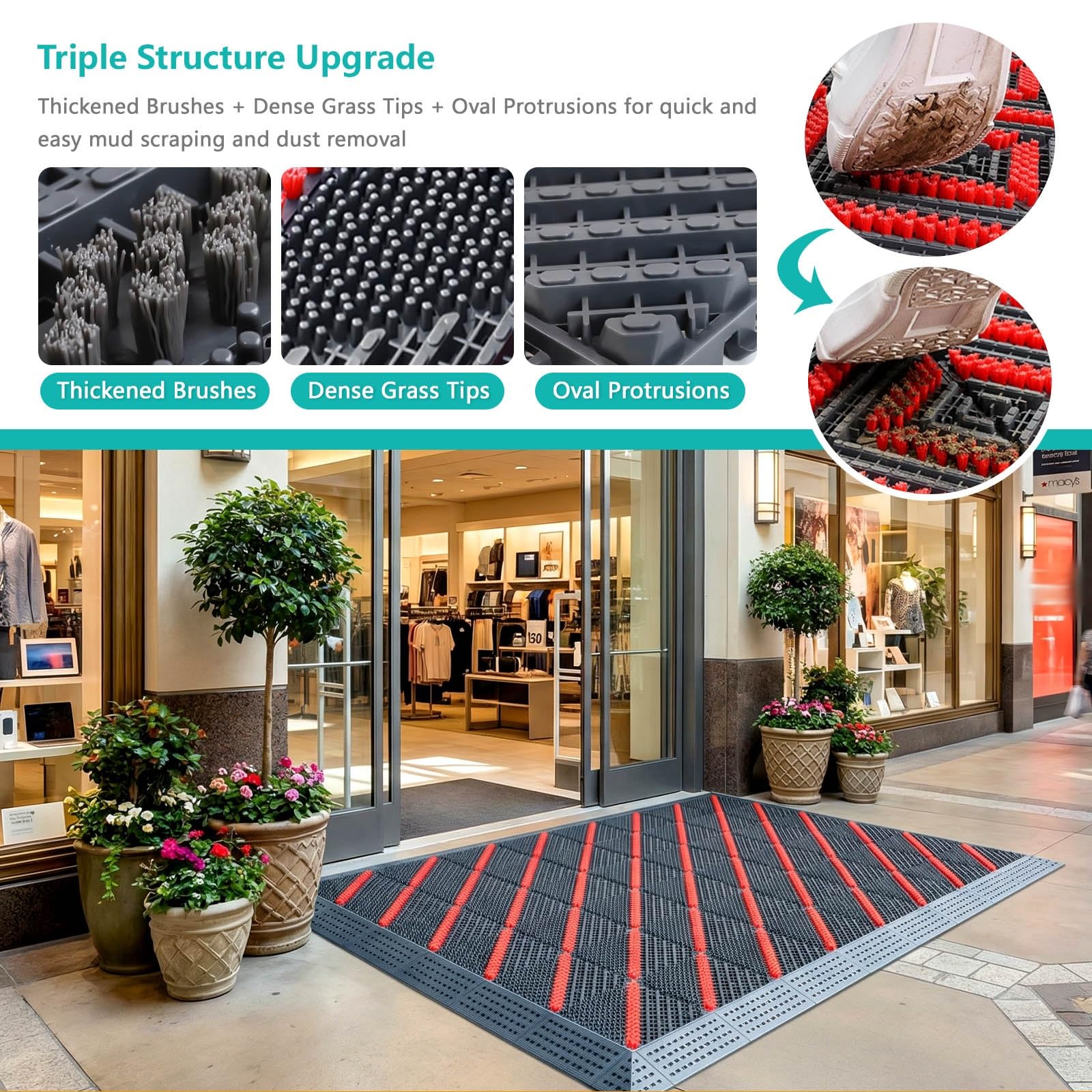 Felpudo de EVA resistente para todo tipo de clima con cepillo raspador, diseño entrelazado, impermeable, para garaje, patio, jardín, rojo y gris (60 x 90 cm, 3 cepillos)