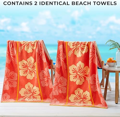 Miniatura 10 de Great Bay Home Juego de 2 toallas de playa grandes  Toallas de playa tropicales y toallas de piscina con flores azules hibisco con 100% algodón