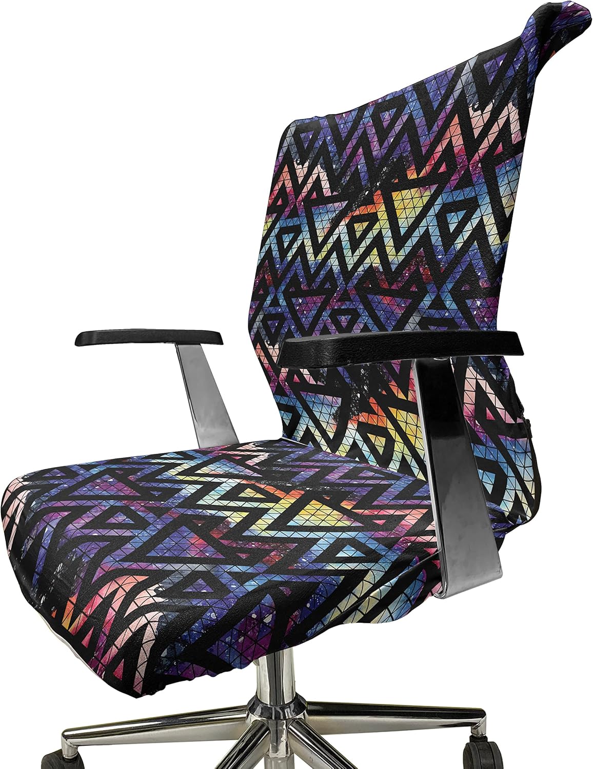 Ambesonne Geometric Office Chair Cover, Galaxy Themed Background with Geometrical Shapes Triangles Lines Lace Pattern, Stretchable Decorative Universal Size High Back Printed Slipcover, Black Purple
