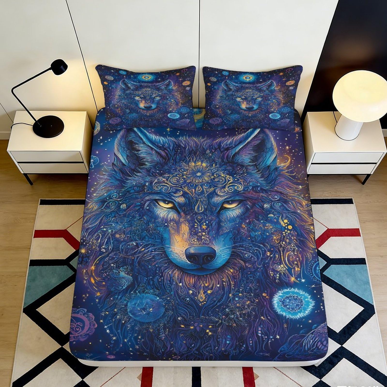3D Printed Wolf Fitted Sheet Microfiber Deep Pocket Bedroom Bedding for Adults Teens Full Wrap Non-Slip Wolf Mattress Fitted Cover 200x200x25cm