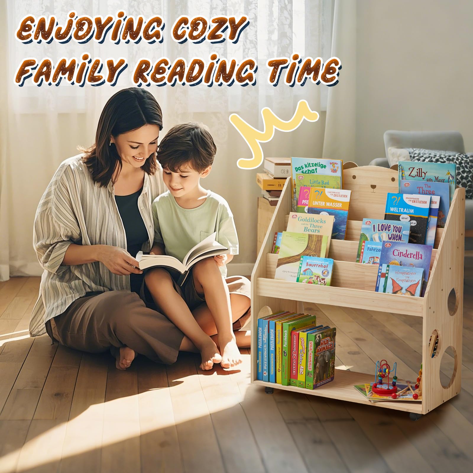 Kinder Bücherregal Montessori mit Rollen & Tafel, 5-stöckiges Kinderregal Kinderbücherregal Kinderzimmer, Bücher Kinder Regal aus Holz, Spielzeugregal Aufbewahrungsregal Natur