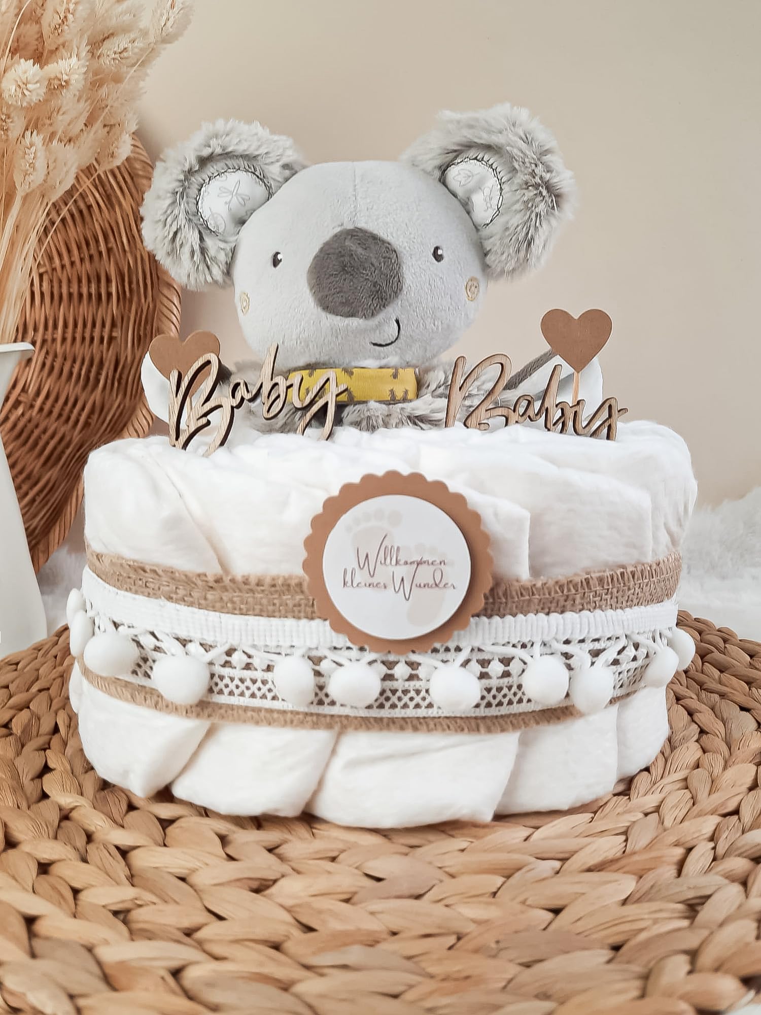 Windeltorte klein mit Kuscheltier Boho Vintage Stil | Geschenk zur Geburt | Made in Germany | mit Premium Windeln & schönem Zubehör | Baby Geschenk | Geschenke zur Geburt
