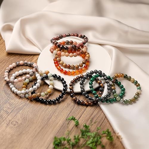 Miniatura 2 de 5 pulseras de piedras semipreciosas Paquete de regalo Pulseras de cuentas de piedra de cristal curativo para mujeres y hombres, pulseras elásticas
