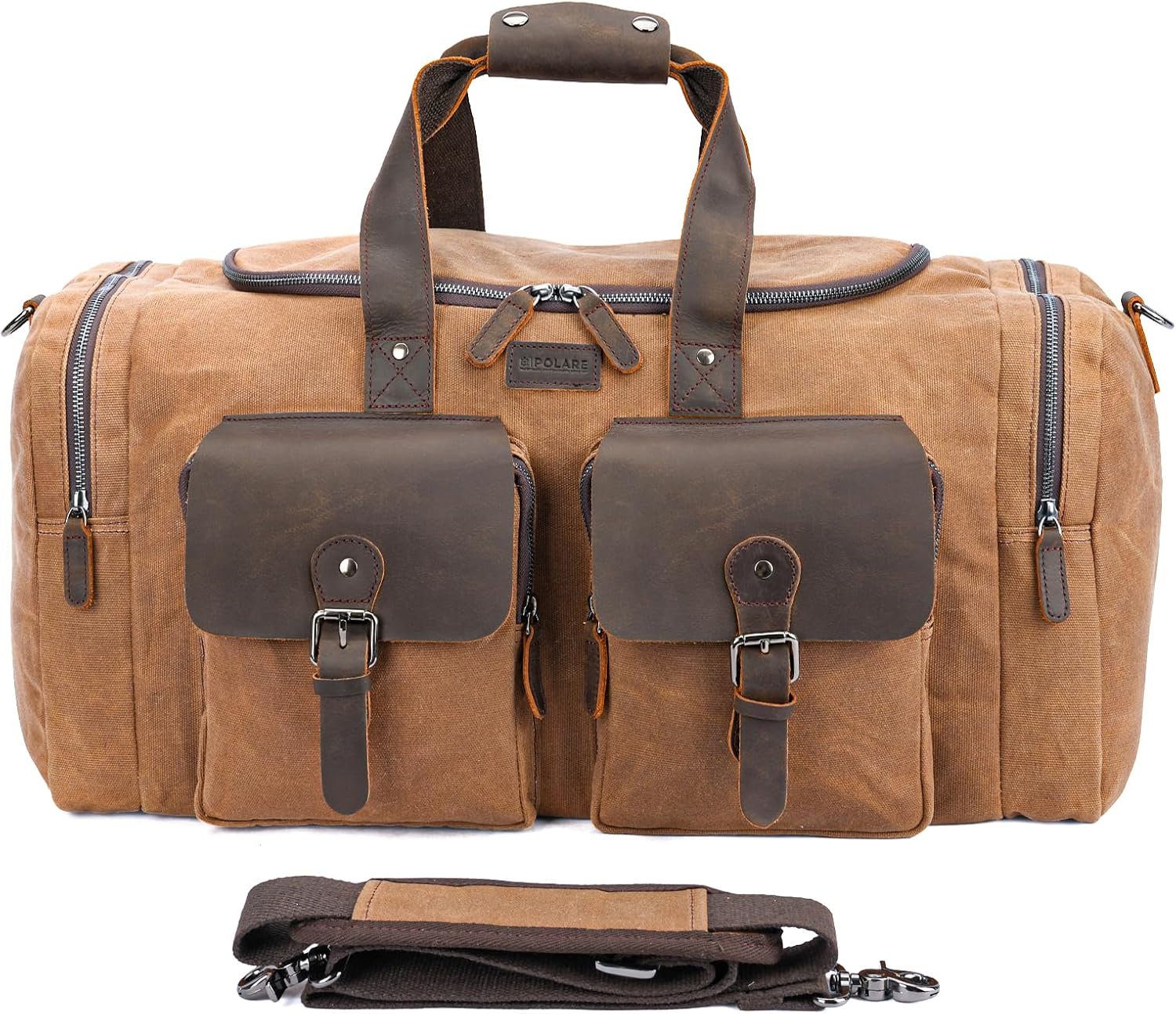 POLARE 23" Waxed Canvas Leather Duffel Bag for Men & Women, Waterproof Carry On Weekender Travel Bag with YKK Zippers, Large Overnight Gym Bag with Luggage Strap for Business Trips