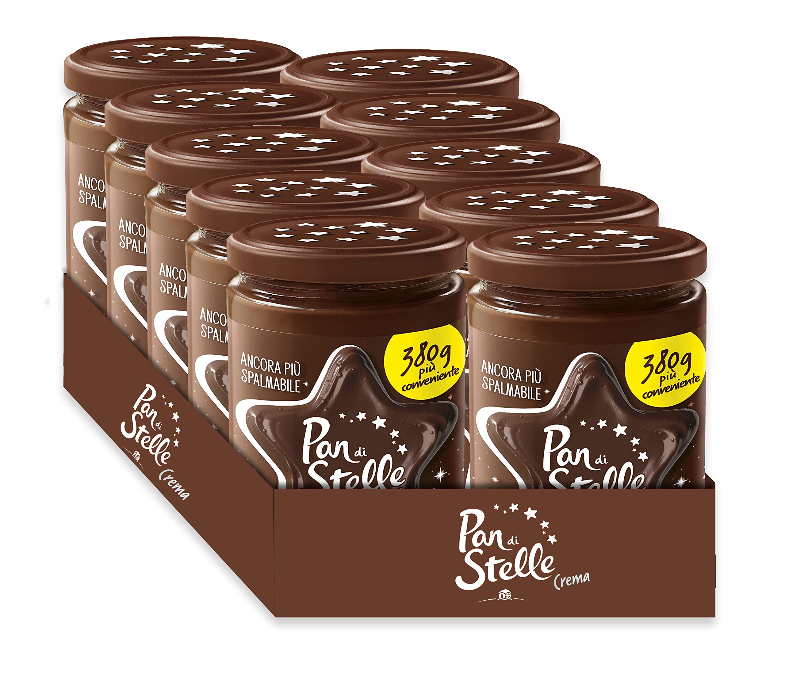 10X Pan di Stelle Maxi Pack - Crema Spalmabile di Cacao e Nocciole con Granella di Biscotto 380 g - Nuovo Formato e Restyling