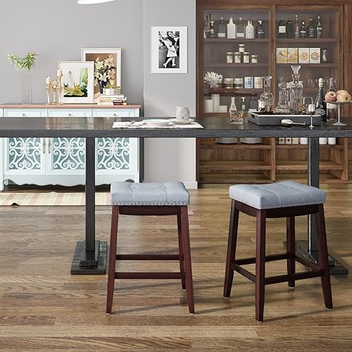 Miniatura 14 de COSTWAY Juego de 2 taburetes de bar, taburete de mostrador sin respaldo de 29 pulgadas de altura con reposapiés, cojín de asiento suave, patas de