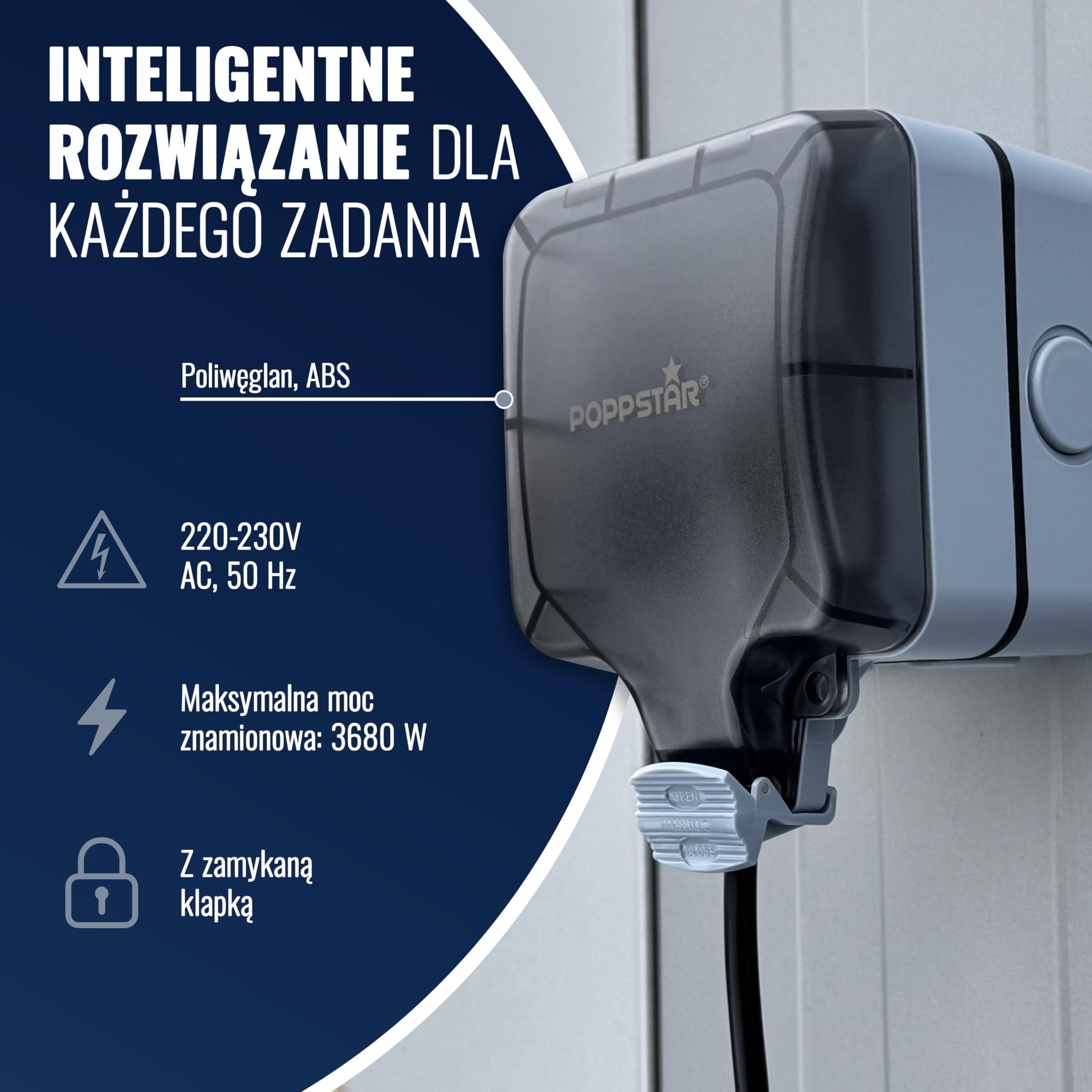 Poppstar wodoodporne gniazdko elektryczne, zewnętrzne, IP66 (gniazdko pojedyncze natynkowe z pokrywą na zawiasach), jasnoszare