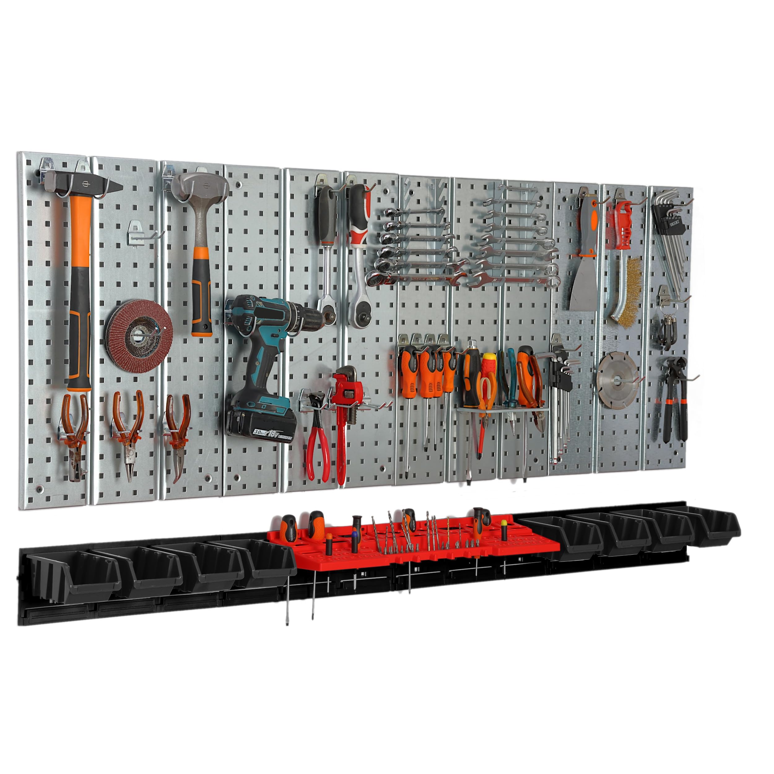 Panel de herramientas de metal 156 x 72 cm, sistema de almacenamiento con portaherramientas, ganchos para herramientas y 8 cajas apilables de 100 x 150 x 70 mm, color: negro, tablero perforado,