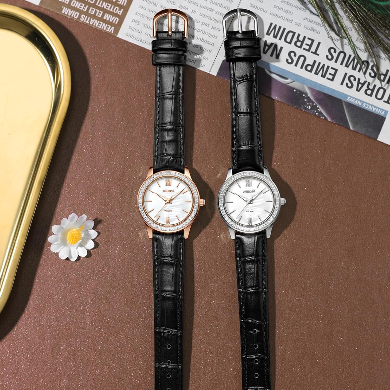 NIBOSI Watches for Women Analog Quartz Rose Gold Dial Red Black Leather Strap Women's Watch Dainty Vintage Classic Fashion Diamond Simple Casual Elegant Dress Ladies Wrist Watches Black Silver image 7 of 8 B0F4KBZK16