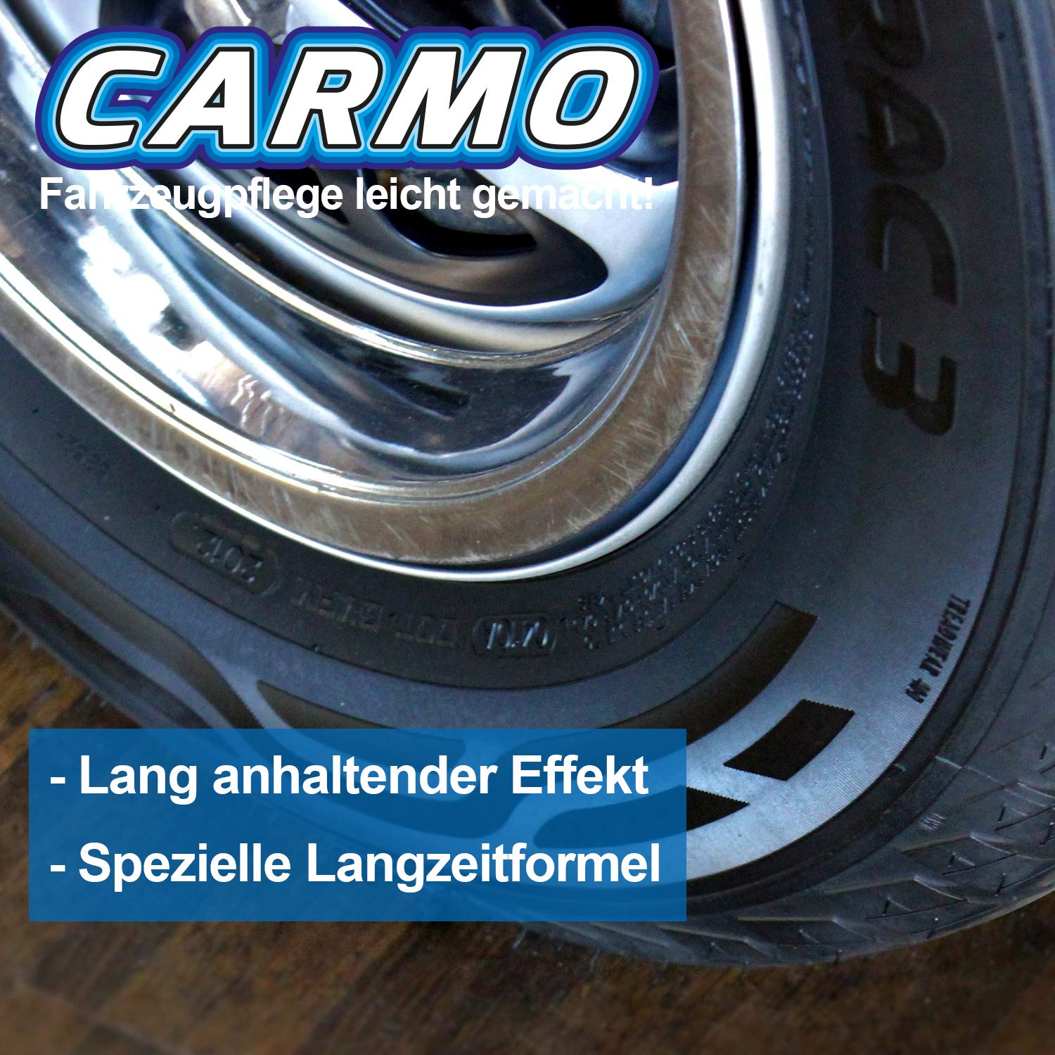 CARMO 3X Reifenglanz | mit Langzeitwirkung | Für neuwertigen Glanz | Wet-Look – tiefschwarz ohne fettige Oberfläche | Schützt vor Umwelteinflüssen | UV-Schutz | Pflege von Gummidichtungen | 400ml