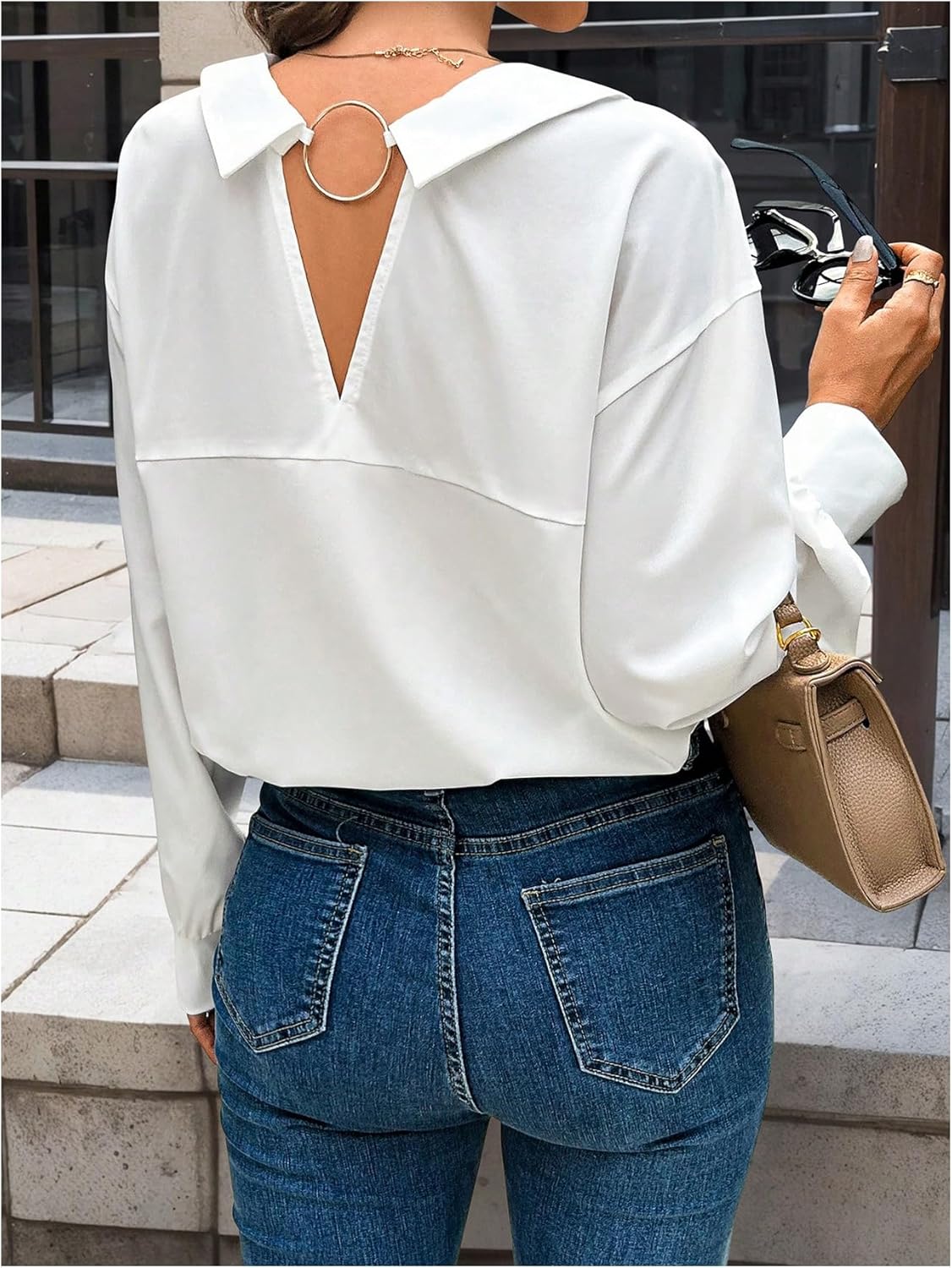 SweatyRocks Women's Cut Out Back Button Down Collared Blouses Long Sleeve Shirt Tops - Image 5