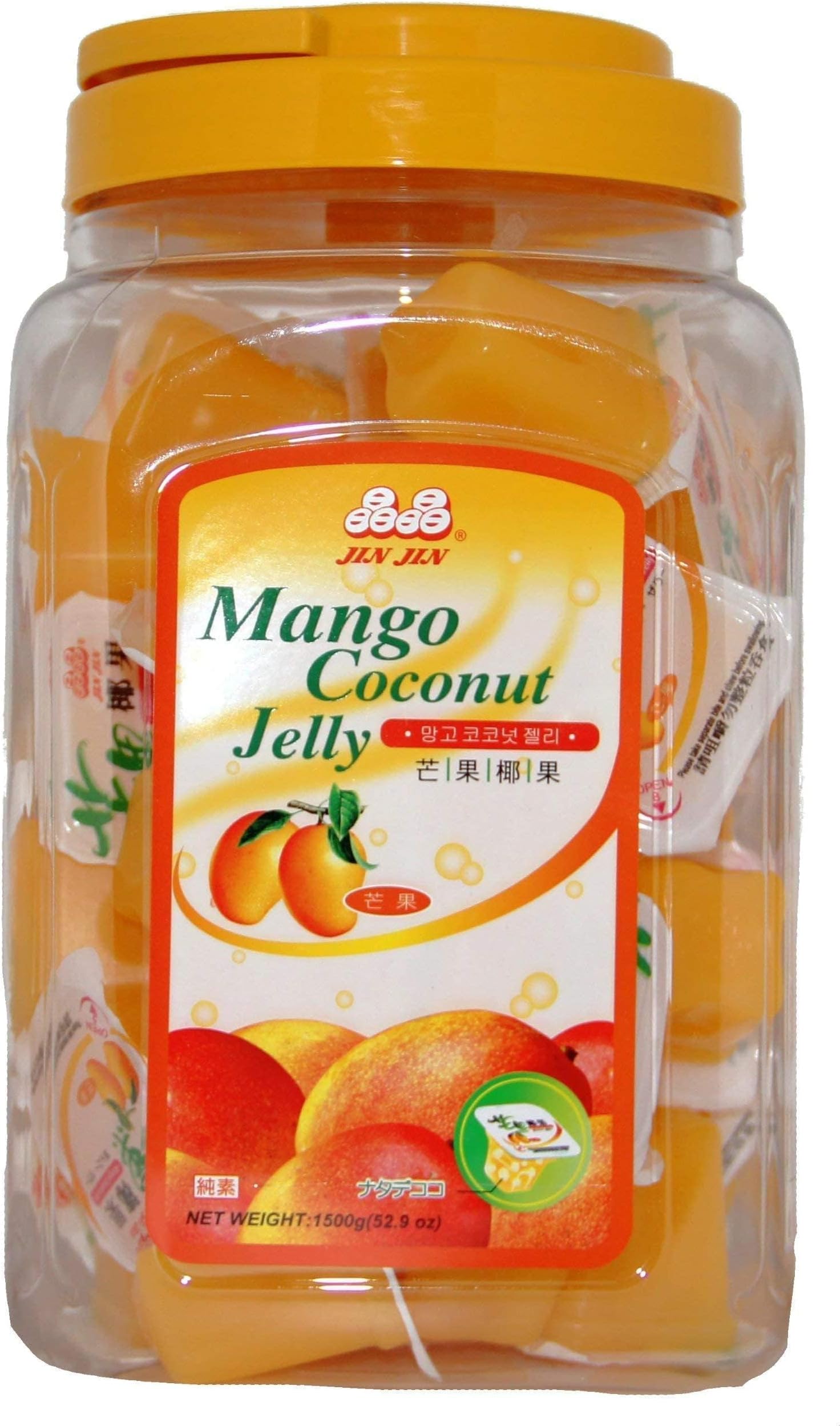 JIN JIN Mango Coconut Jelly Snack โ Individually Wrapped Fruit Jelly Cups with Coconut Chunks, Taiwanese Dessert Candy, 52.9 oz (1500g) Jar