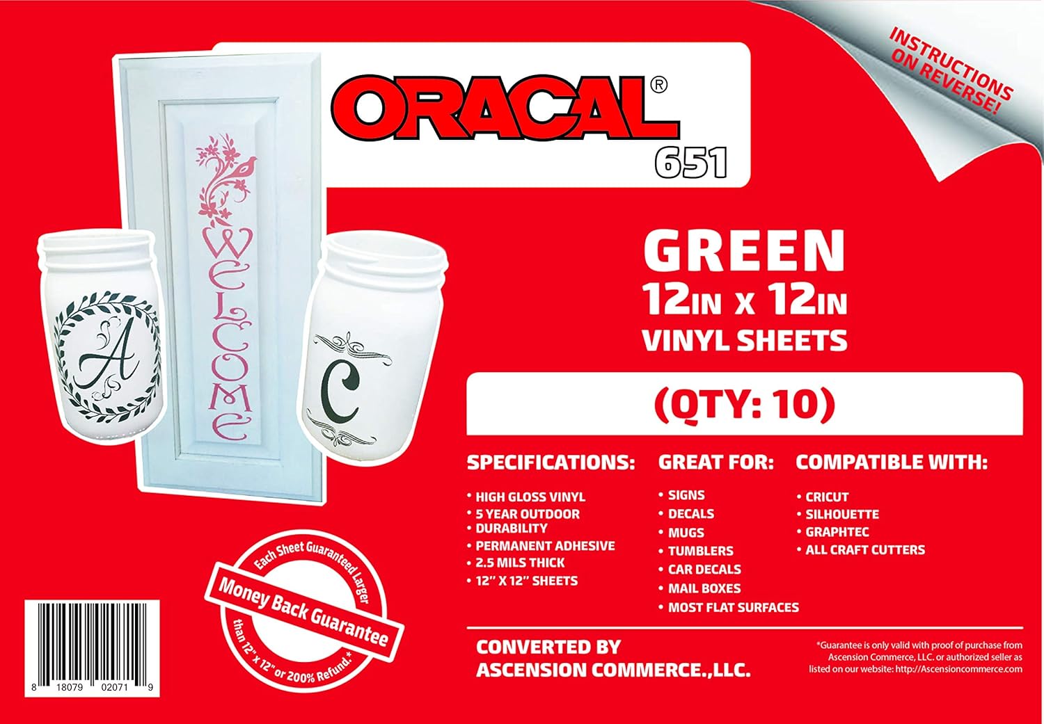 (10) 12" x 12" Sheets - Oracal 651 Green Adhesive Craft Vinyl for Cricut, Silhouette, Cameo, Craft Cutters, Printers, and Decals - Gloss Finish and Outdoor and Permanent : Arts, Crafts & Sewing