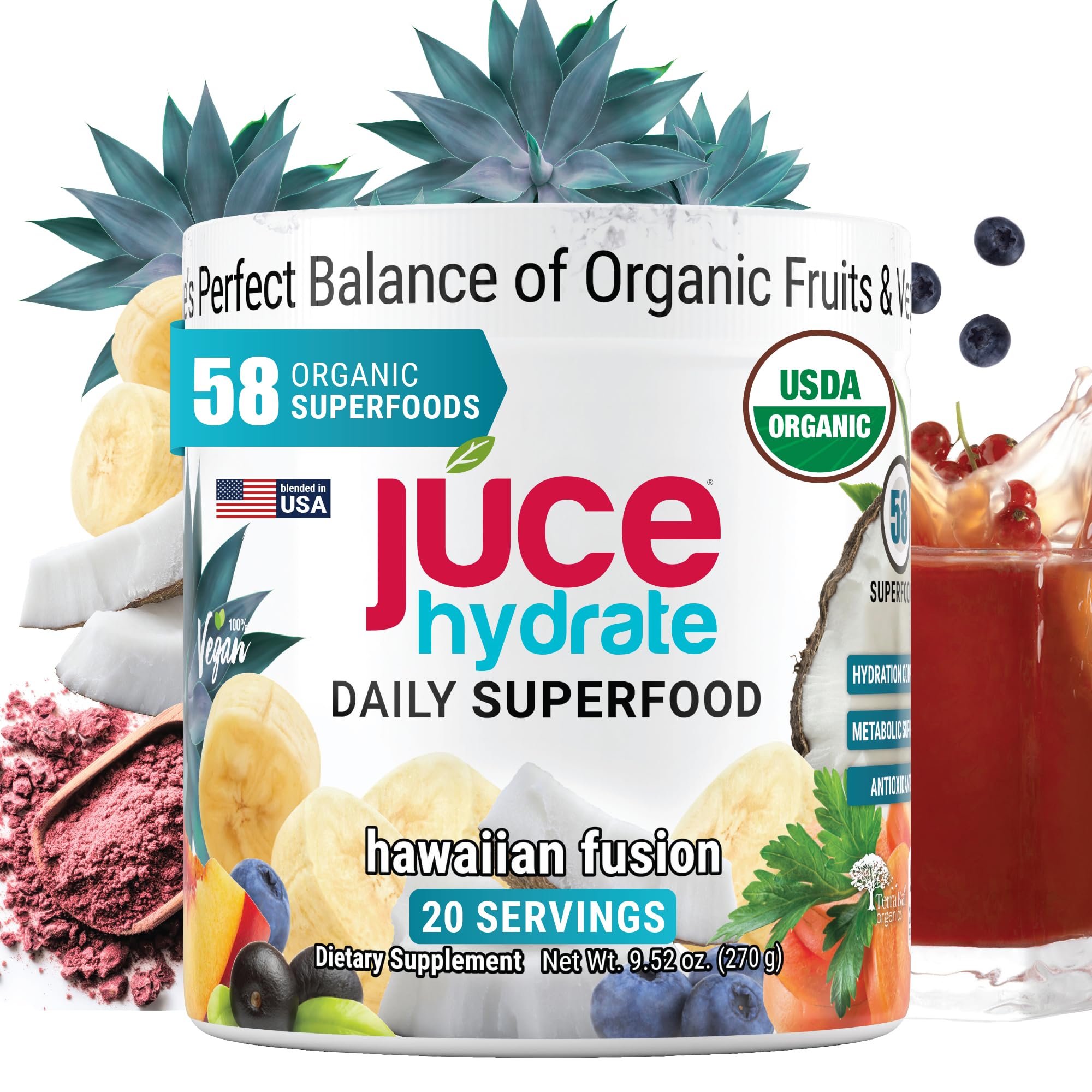 Júce Hydrate Replenishing & Nourishing Superfood Drink - Boost Reduce Fatigue - USDA Certified Organic, Plant-Based, Vegan - Gluten-Free, Dairy-Free, Soy-Free - 8.1 Ounce - By Terra Kai Organics